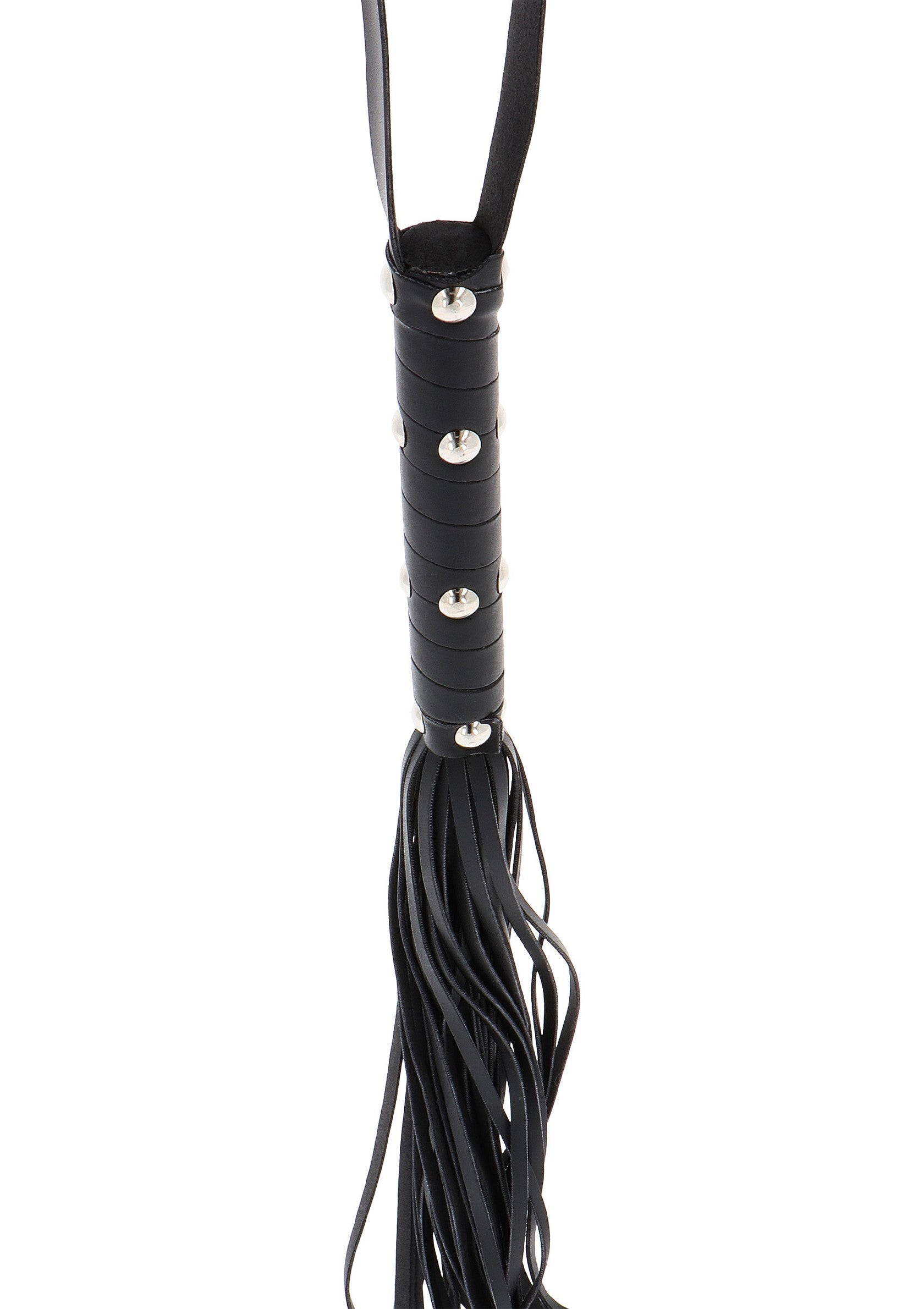 Cravache noire cloutée en cuir véritable. Accessoire de jeu coquin pour adultes, idéal pour pimenter vos soirées.; Zwarte leren zweep met studs. Een speels accessoire voor volwassenen, perfect om je avonden mee op te fleuren.; Black leather flogger with studs. A playful adult accessory, perfect to spice up your evenings.