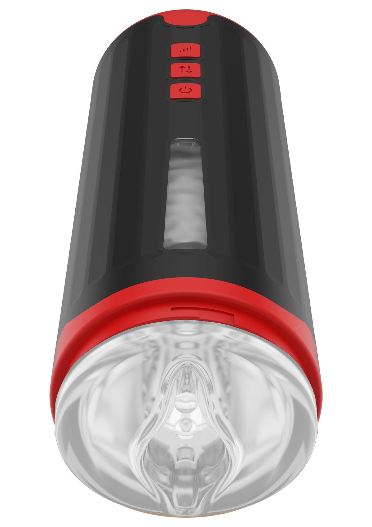 Manchon de masturbation texturé noir et rouge pour une expérience sensorielle intense. Découvrez des sensations uniques !; Zwart-rode getextureerde masturbatorhuls voor een intense sensorische ervaring. Ontdek unieke sensaties!; Black and red textured masturbator sleeve for an intense sensory experience. Discover unique sensations!