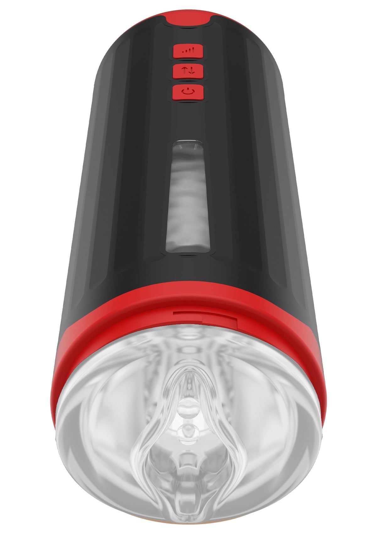 Manchon de masturbation texturé noir et rouge pour une expérience sensorielle intense. Découvrez des sensations uniques !; Zwart-rode getextureerde masturbatorhuls voor een intense sensorische ervaring. Ontdek unieke sensaties!; Black and red textured masturbator sleeve for an intense sensory experience. Discover unique sensations!