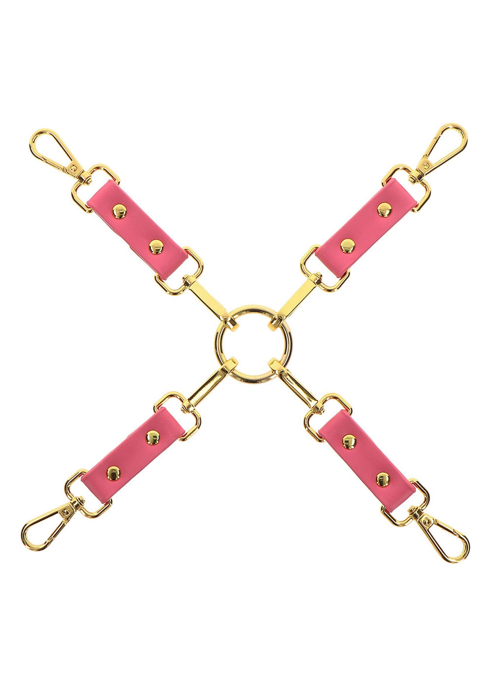 Harnais de corps rose avec attaches dorées, accessoire de lingerie sexy et élégant.; Roze body harnas met gouden bevestigingen, sexy en stijlvol lingerieaccessoire.; Pink body harness with gold attachments, sexy and stylish lingerie accessory.