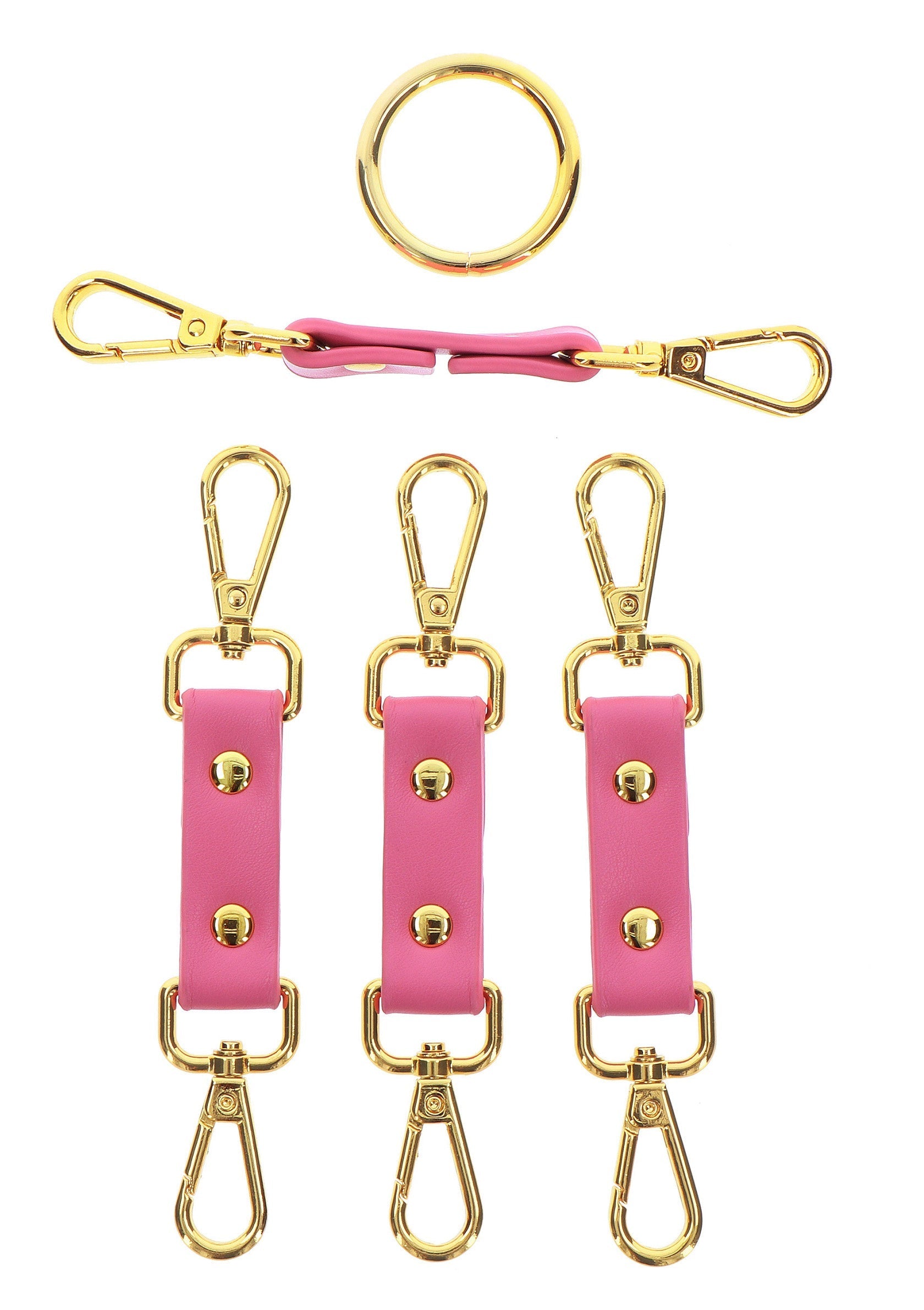 Ensemble d'accessoires de sac : anneau, connecteur et breloques en cuir rose avec fermoirs dorés pour personnaliser votre sac.; Set tasaccessoires: ring, connector en roze leren bedels met gouden sluitingen om je tas te personaliseren.; Bag accessories set: ring, connector & pink leather charms with gold clasps to personalize your bag.