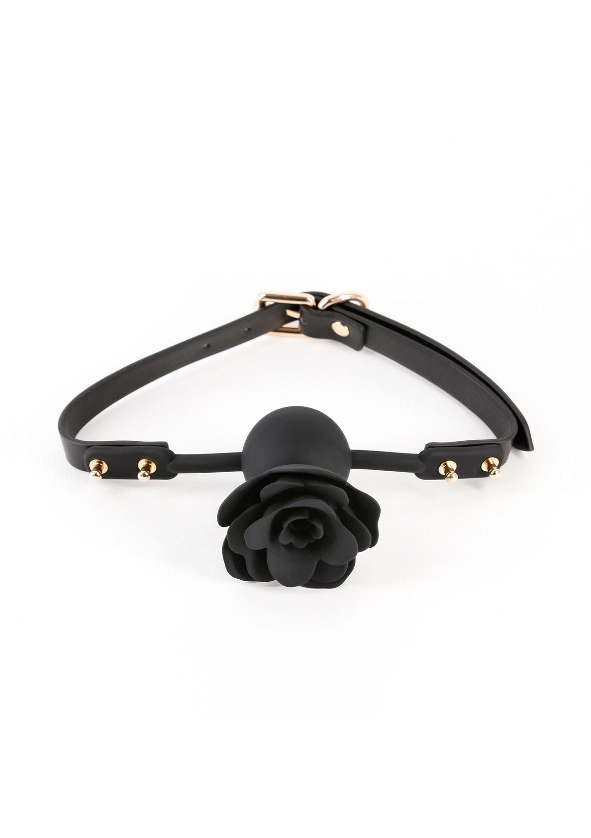 Gag rose noire avec sangle réglable. Accessoire de bondage élégant et sensuel.; Zwarte rozenbalgag met verstelbare riem. Stijlvol en sensueel bondage accessoire.; Black rose ball gag with adjustable strap. Stylish and sensual bondage accessory.