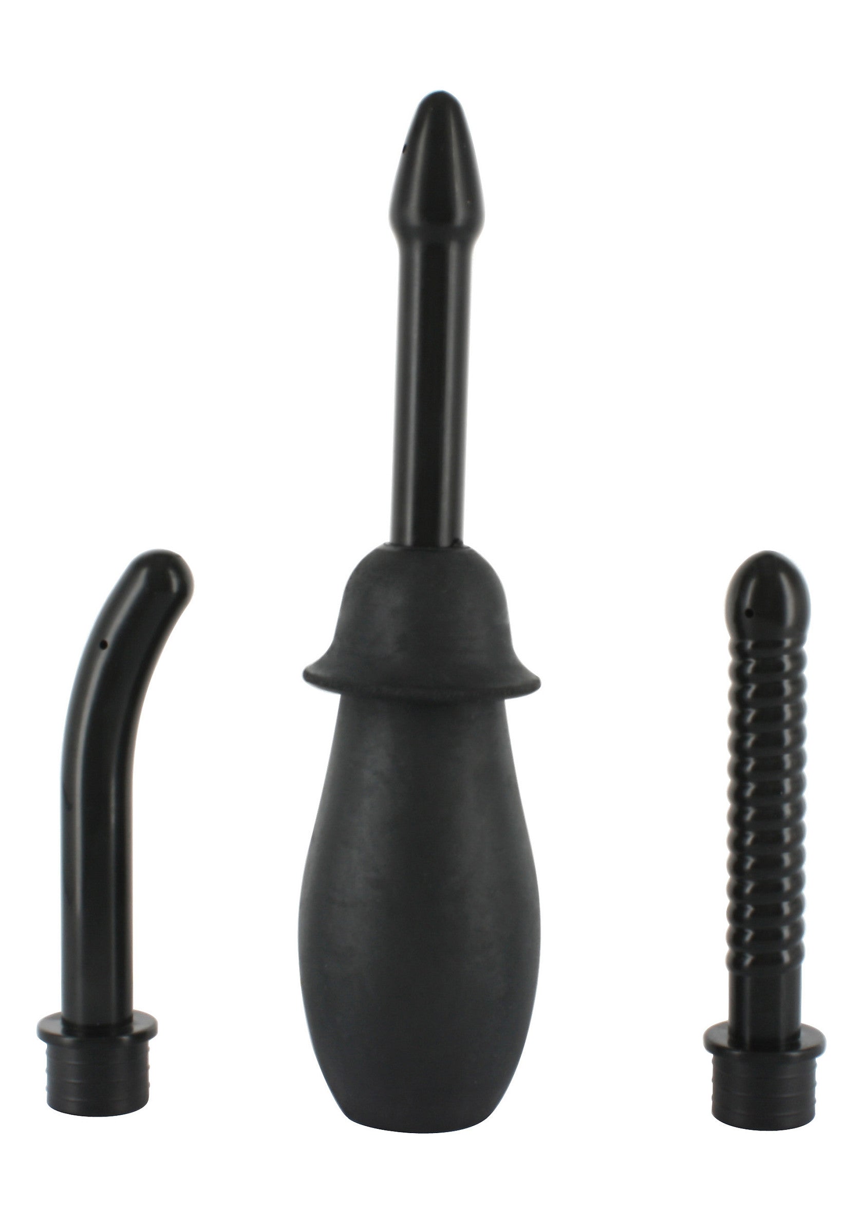 Kit de nettoyage intime noir avec différents embouts pour une hygiène optimale.; Zwarte intieme reinigingsset met verschillende tips voor optimale hygiëne.; Black intimate cleansing kit with different attachments for optimal hygiene.