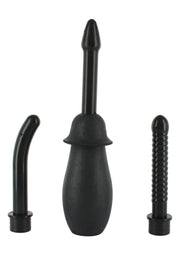 Kit de nettoyage intime noir avec différents embouts pour une hygiène optimale.; Zwarte intieme reinigingsset met verschillende tips voor optimale hygiëne.; Black intimate cleansing kit with different attachments for optimal hygiene.