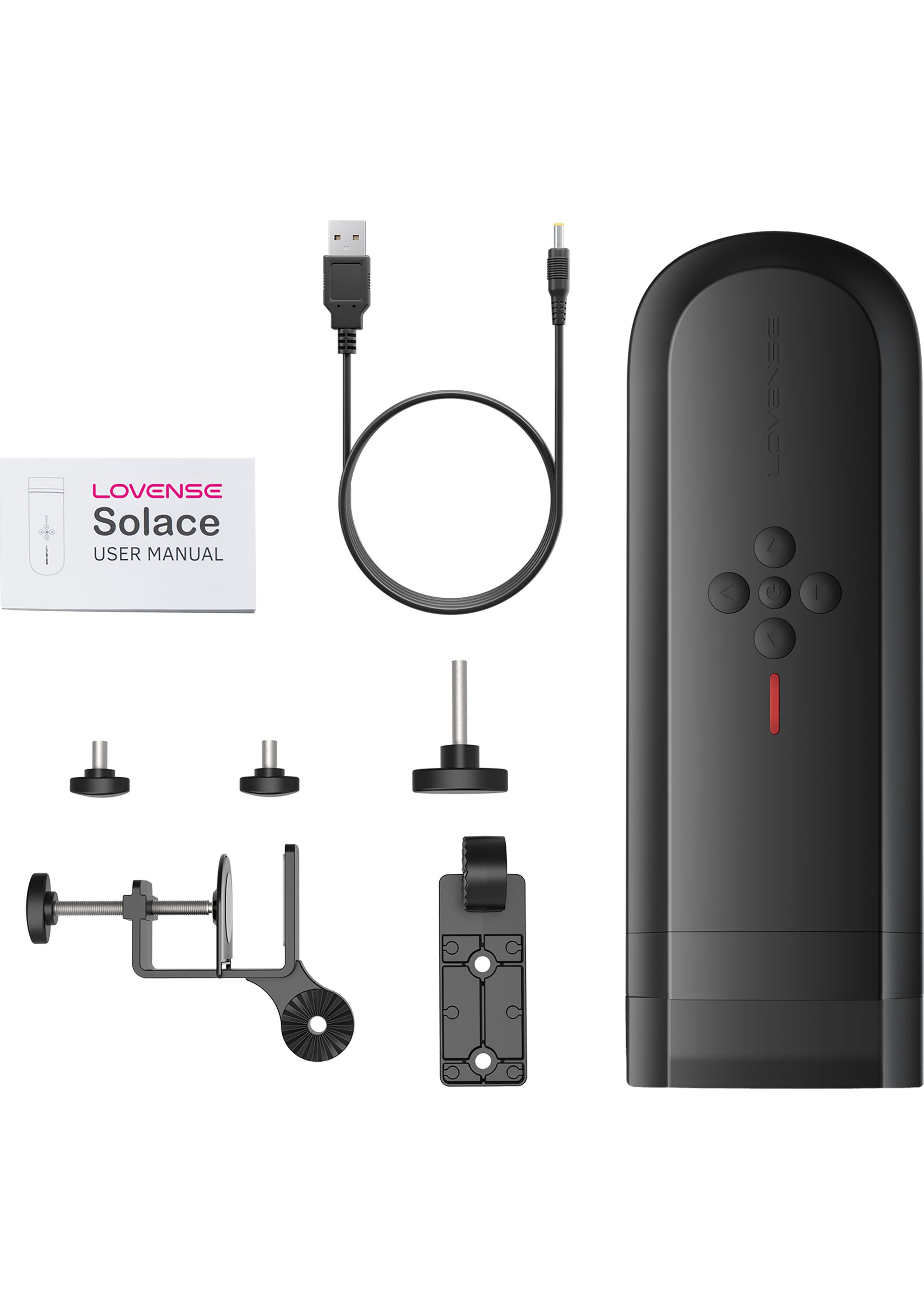 Lovense Solace : Masseur vibrant pour couples avec application. Inclut accessoires et câble USB.; Lovense Solace: vibrerende stimulator voor koppels met app. Incl. accessoires en USB-kabel.; Lovense Solace: app-controlled couples' vibrator. Includes accessories and USB cable.