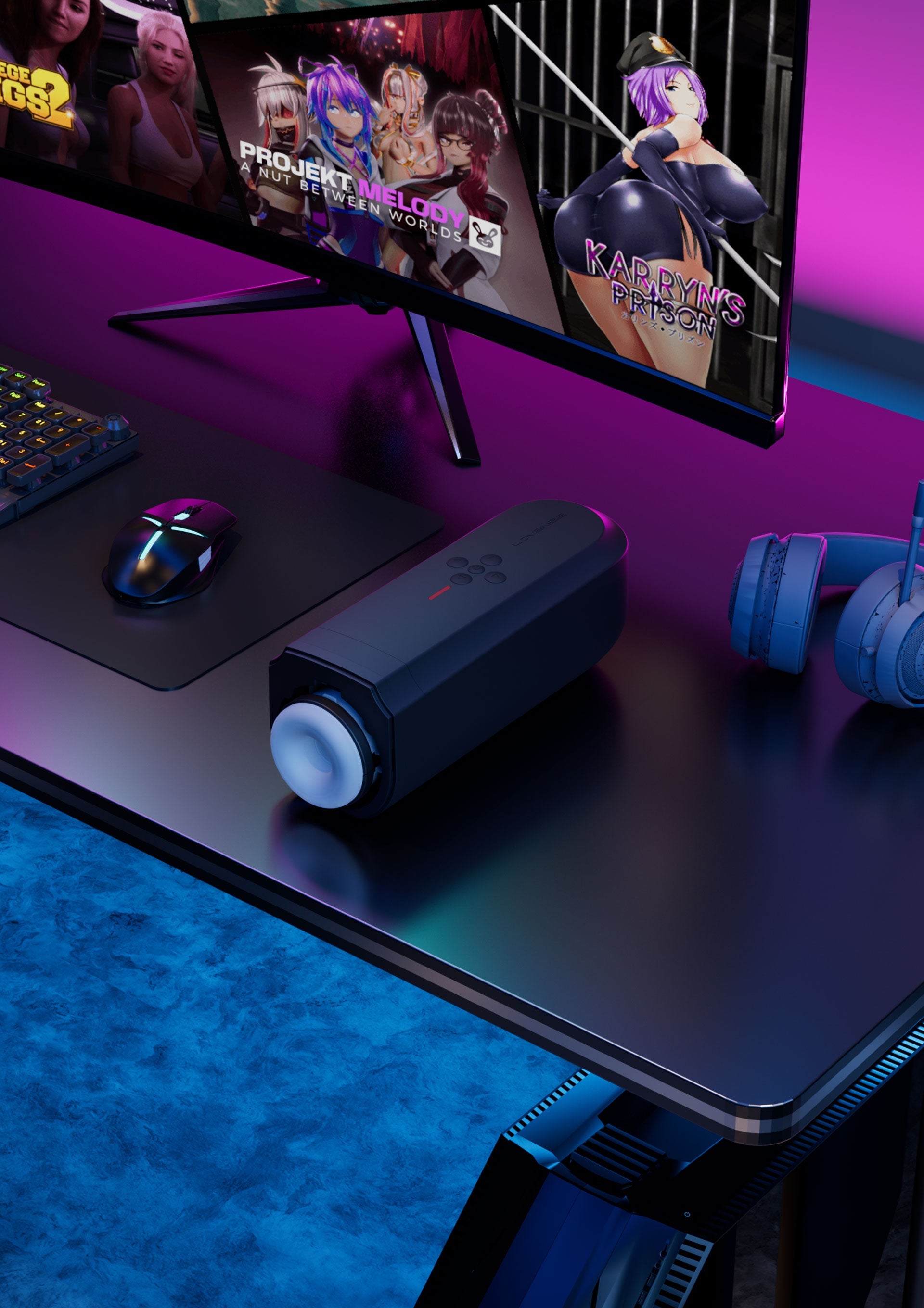 Installation de jeu avec moniteur, clavier, souris, haut-parleur et casque pour une expérience de jeu immersive.; Gaming setup met monitor, toetsenbord, muis, speaker en headset voor een meeslepende game-ervaring.; Gaming setup featuring monitor, keyboard, mouse, speaker, and headset for an immersive gaming experience.