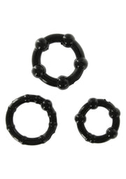 Ensemble de 3 anneaux péniens texturés noirs pour plus de plaisir et de sensations.; Set van 3 zwarte getextureerde penisringen voor extra plezier en sensatie.; Set of 3 black textured cock rings for added pleasure and sensation.