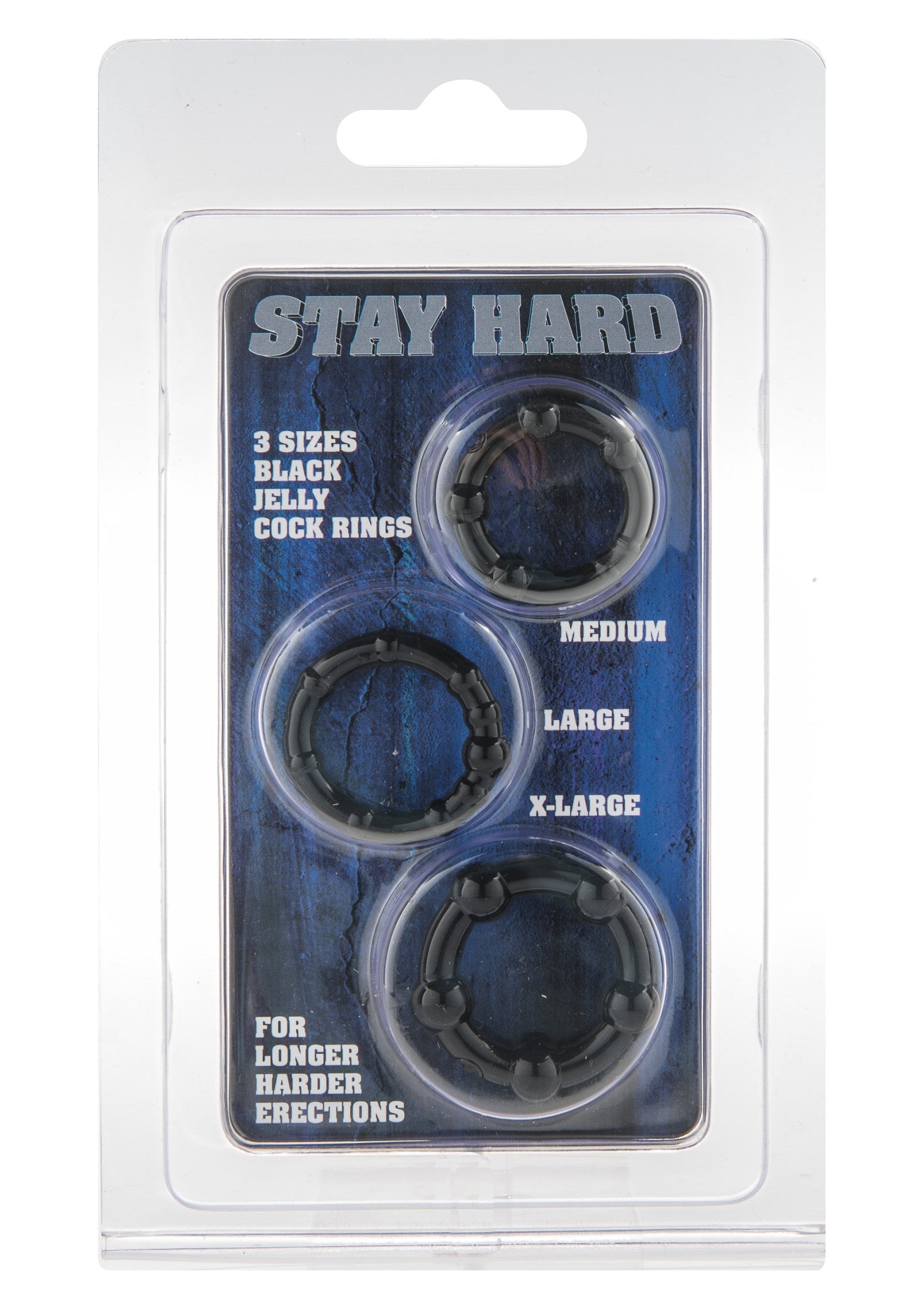 Anneaux péniens Stay Hard noirs en gelée (3 tailles) pour des érections plus longues et plus fermes.; Stay Hard zwarte jelly penisringen (3 maten) voor langere, hardere erecties.; Stay Hard black jelly cock rings (3 sizes) for longer, harder erections.