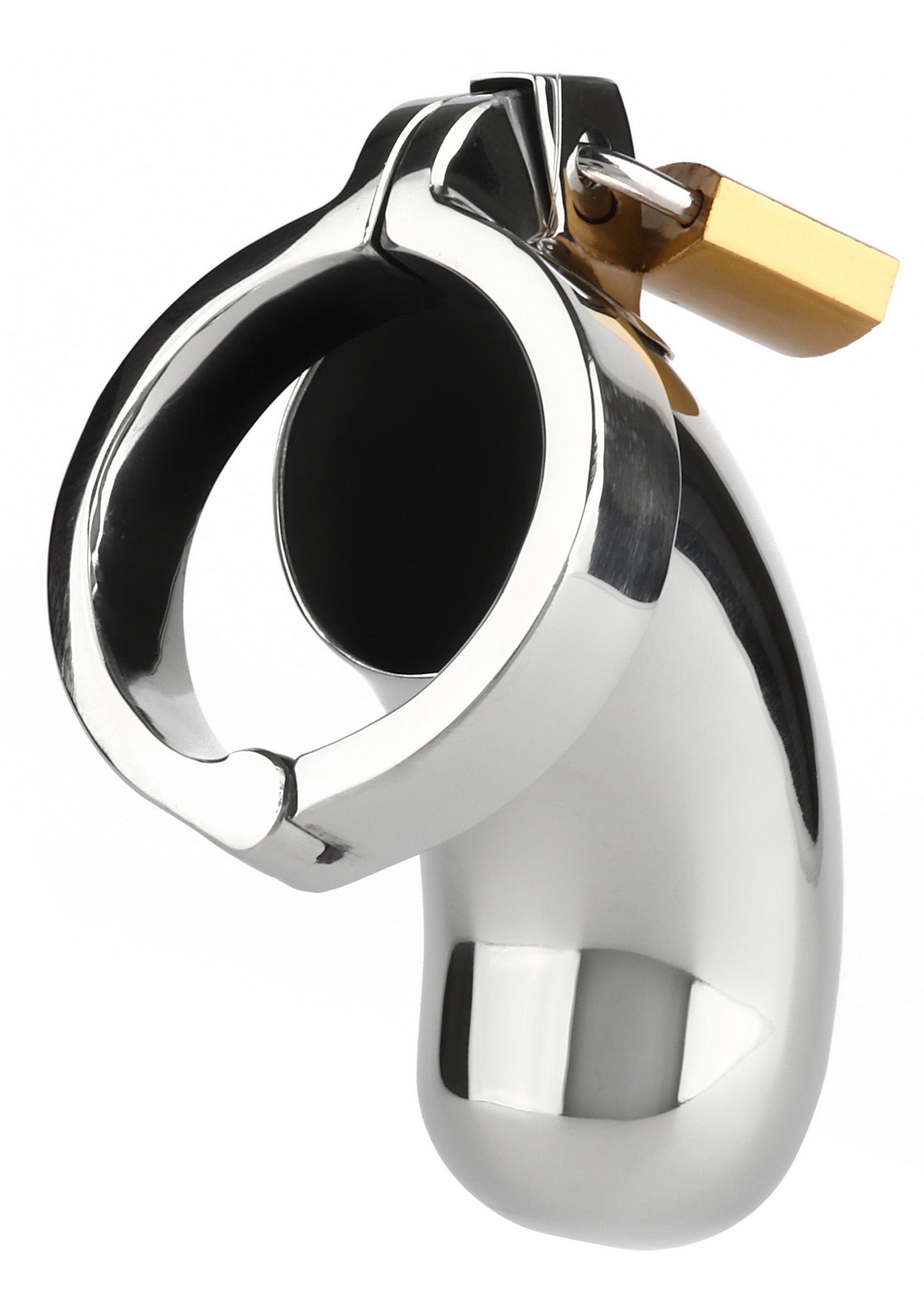 Cage de chasteté métallique brillante avec cadenas pour le contrôle et la soumission.; Glanzende metalen kuisheidskooi met slot voor controle en onderwerping.; Shiny metal chastity cage with padlock for control & submission.