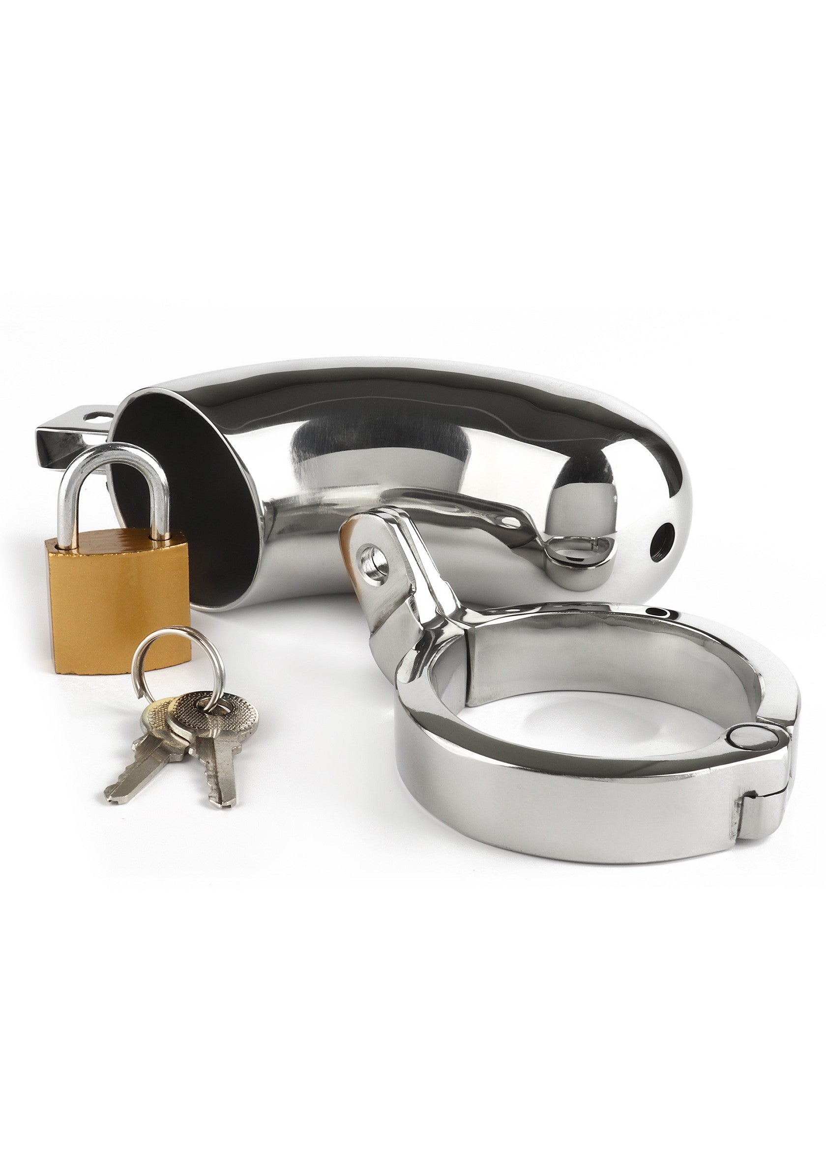 Cage de chasteté masculine en acier inoxydable avec cadenas et clés.; Roestvrijstalen mannelijke kuisheidsgordel met slot en sleutels.; Stainless steel male chastity device with padlock and keys.