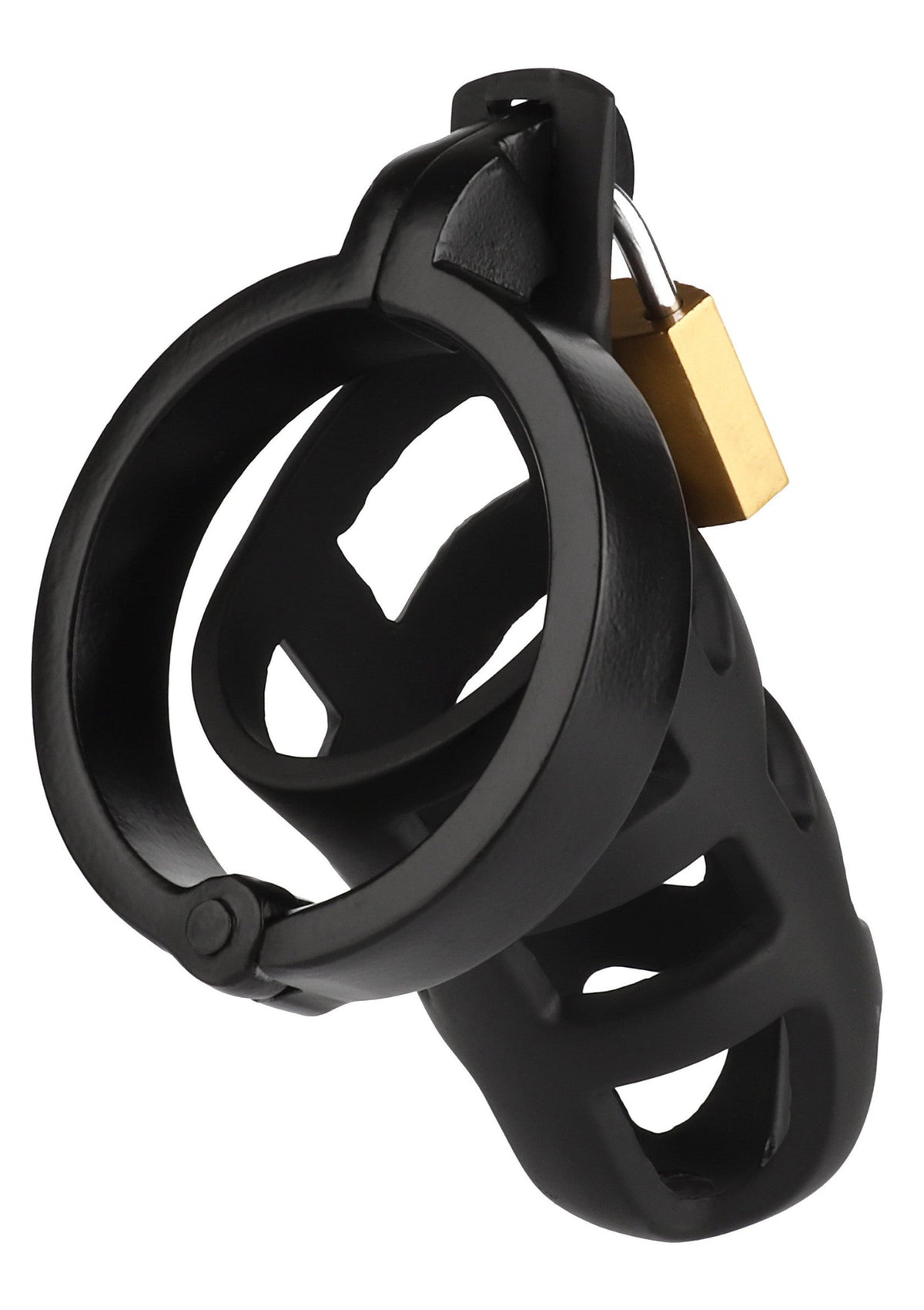 Cages de chasteté masculines noires avec cadenas.; Zwarte mannelijke kuisheidskooien met hangslot.; Black male chastity cages with padlock.