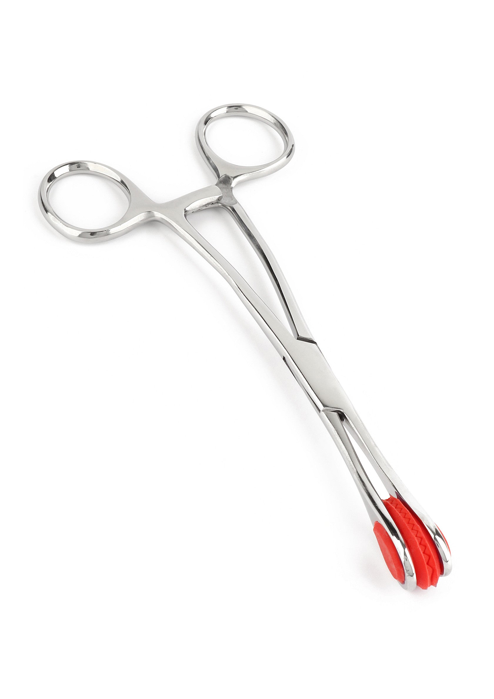 Pince à piercing en acier inoxydable avec des embouts en silicone rouge pour une prise sûre et confortable.; Piercingtang van roestvrij staal met rode siliconen tips voor een veilige en comfortabele grip.; Stainless steel piercing clamp with red silicone tips for a safe and comfortable grip.