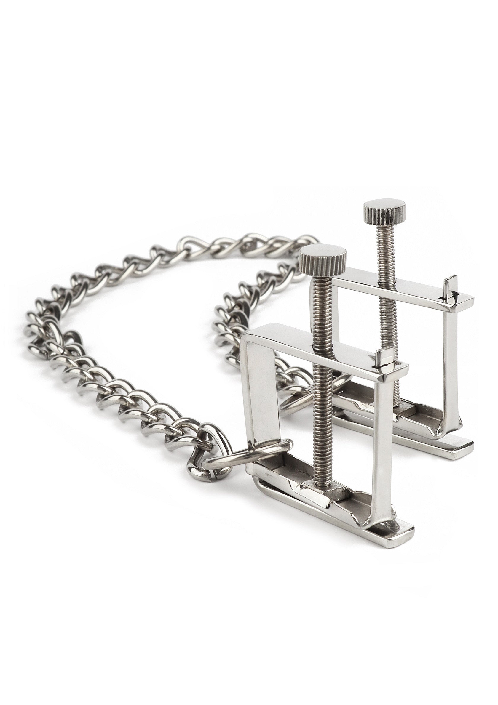Pinces à tétons en métal avec chaîne. Sensations fortes garanties!; Metalen tepelklemmen met ketting. Intense sensaties gegarandeerd!; Metal nipple clamps with chain. Intense sensations guaranteed!