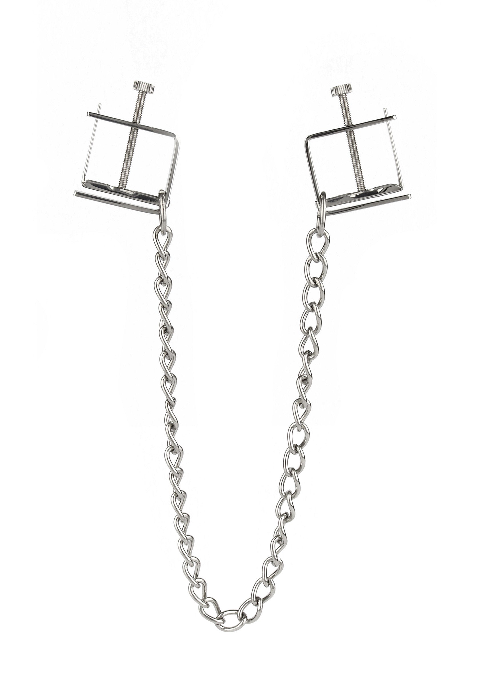 Pinces à tétons en métal avec chaîne, pour un jeu sensuel et excitant.; Metalen tepelklemmen met ketting, voor sensueel en opwindend spel.; Metal nipple clamps with chain, for sensual and exciting play.