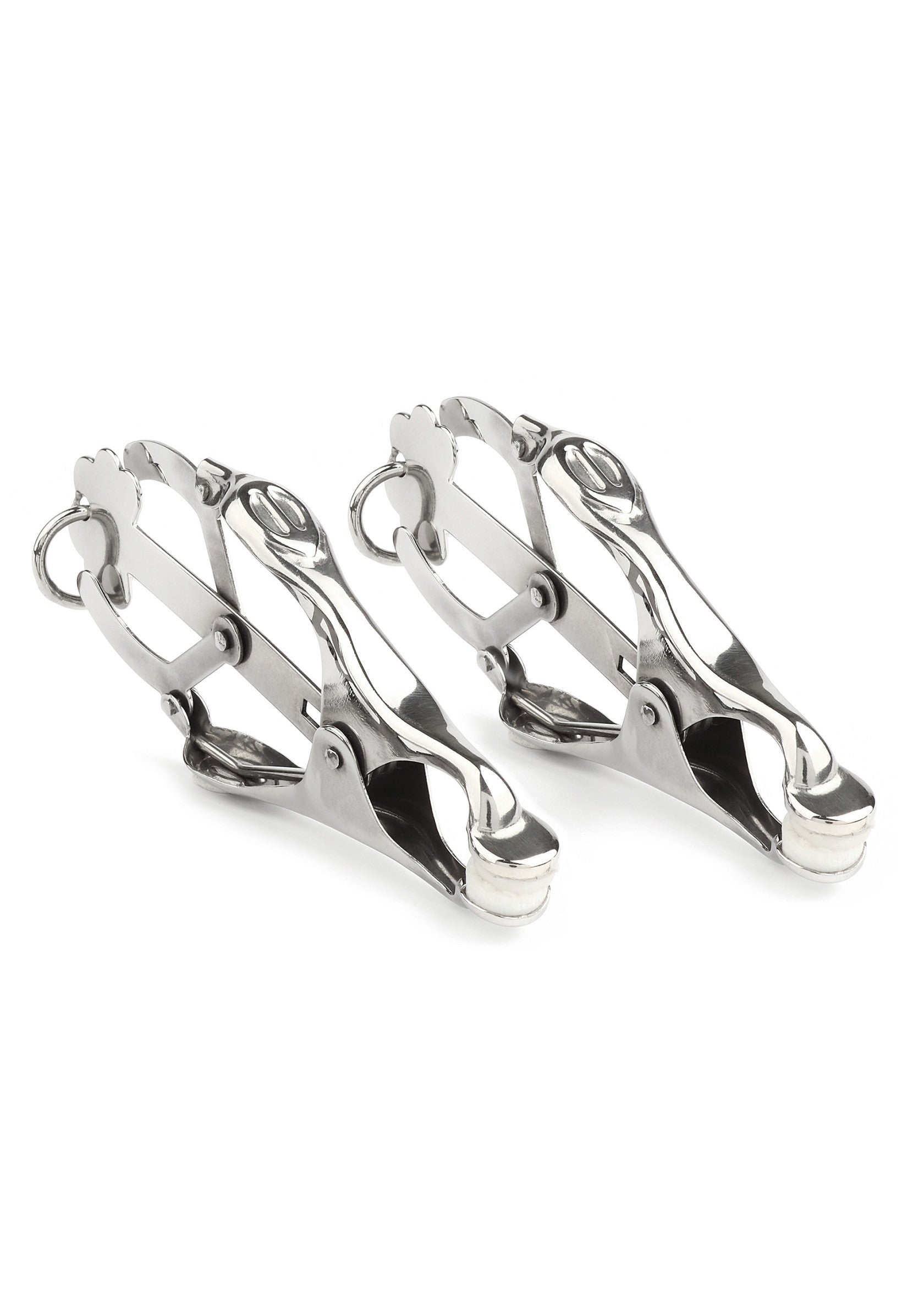 Pinces à tétons en métal réglables pour une stimulation intense.; Verstelbare metalen tepelklemmen voor intense stimulatie.; Adjustable metal nipple clamps for intense stimulation.