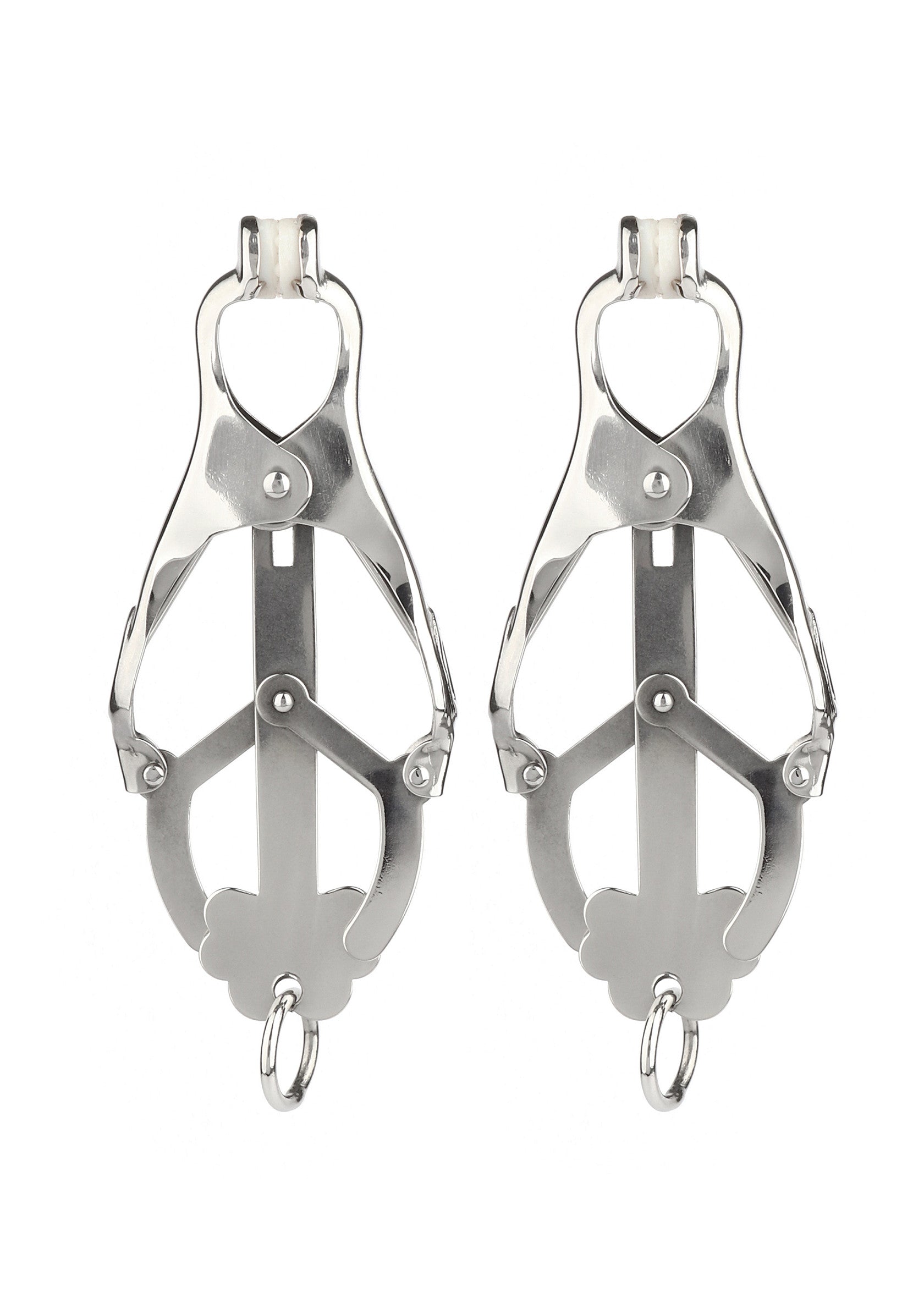 Pinces à tétons en métal réglables pour un plaisir intense et varié.; Verstelbare metalen tepelklemmen voor intense, gevarieerde stimulatie.; Adjustable metal nipple clamps for intense and varied stimulation.