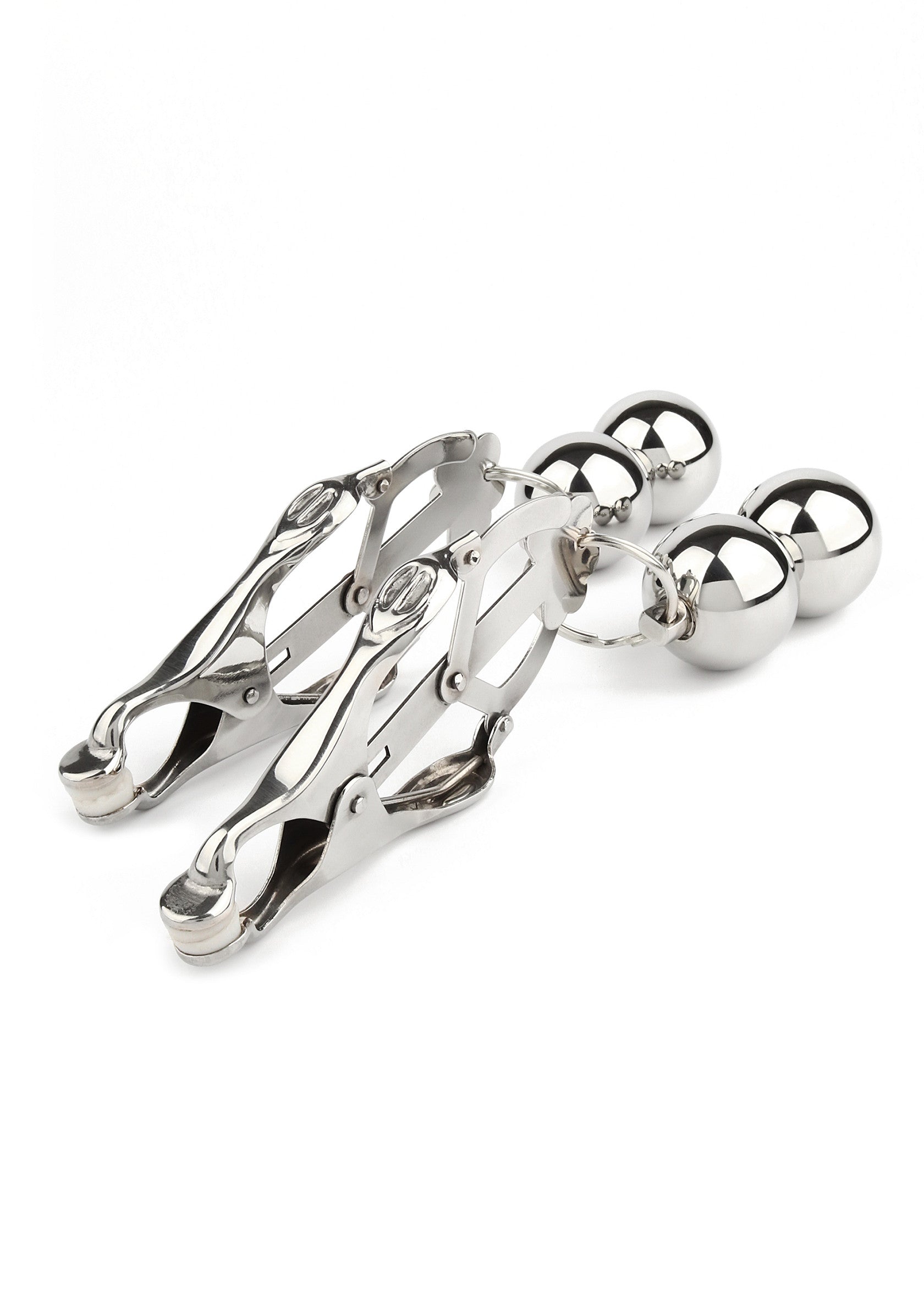 Pince téton avec boules en métal. Accessoire de plaisir pour jeux de rôle. Finition brillante.; Tepelklem met metalen ballen. Plezieraccessoire voor rollenspellen. Glanzende afwerking.; Nipple clamps with metal balls. Pleasure accessory for role-playing. Shiny finish.