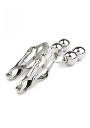 Pince téton avec boules en métal. Accessoire de plaisir pour jeux de rôle. Finition brillante.; Tepelklem met metalen ballen. Plezieraccessoire voor rollenspellen. Glanzende afwerking.; Nipple clamps with metal balls. Pleasure accessory for role-playing. Shiny finish.