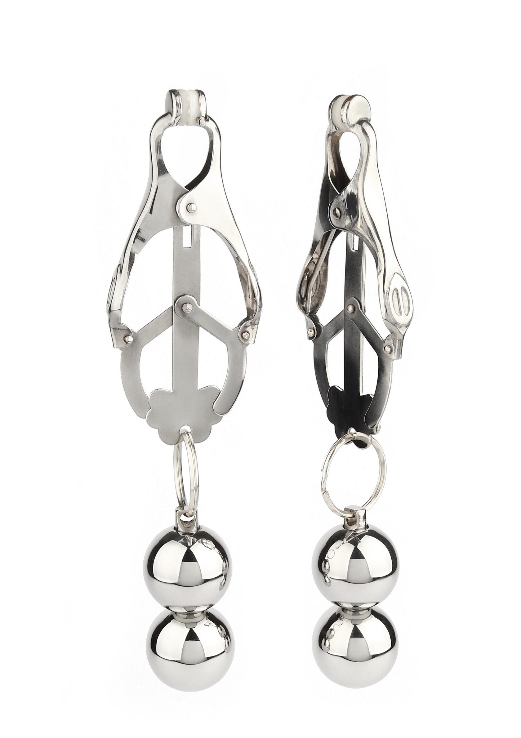 Pinces à tétons en métal avec poids pour un plaisir intense.; Metalen tepelklemmen met gewichten voor intense prikkeling.; Metal nipple clamps with weights for intense stimulation.
