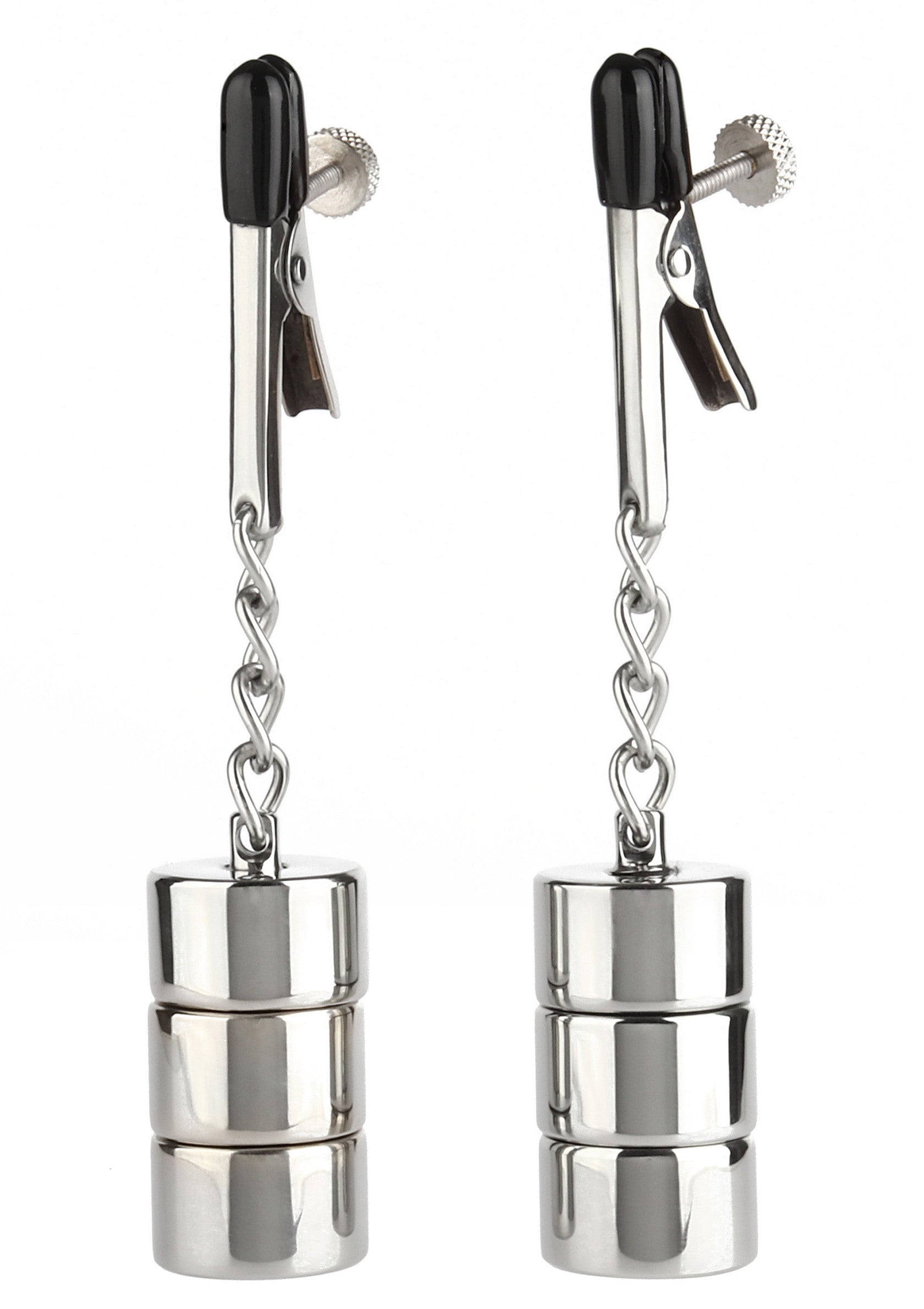 Pince téton ajustable avec poids pour plus de sensation. Érotisme et plaisir garantis.; Verstelbare tepelklemmen met gewicht voor extra sensatie. Erotiek en plezier gegarandeerd.; Adjustable nipple clamps with weights for added sensation. Guaranteed eroticism and pleasure.