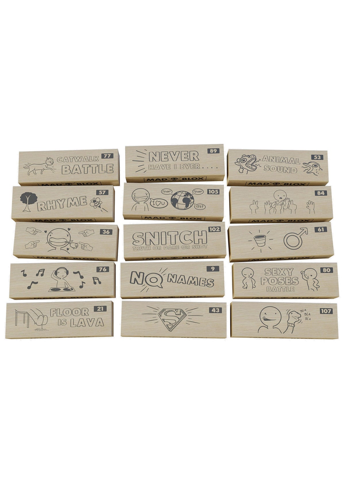 Jeu de blocs en bois avec défis dessinés. Idéal pour des soirées amusantes en famille ou entre amis.; Houten blokkenspel met getekende uitdagingen. Perfect voor leuke avonden met familie of vrienden.; Wooden block game with drawn challenges. Great for fun evenings with family or friends.