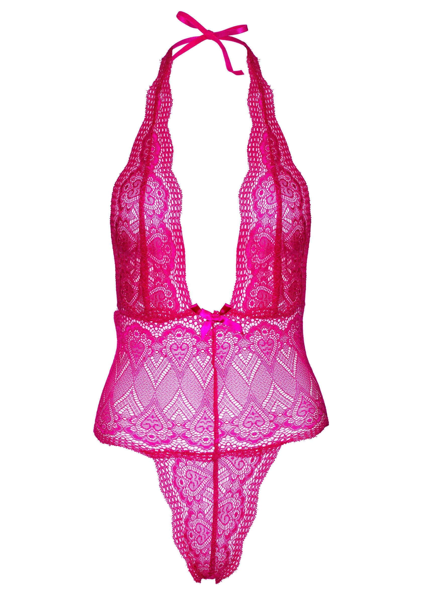 Nuisette en dentelle rose vif. Lingerie sexy et élégante pour une nuit spéciale.; Felroze kanten babydoll. Sexy en elegante lingerie voor een speciale nacht.; Hot pink lace teddy. Sexy and elegant lingerie for a special night.
