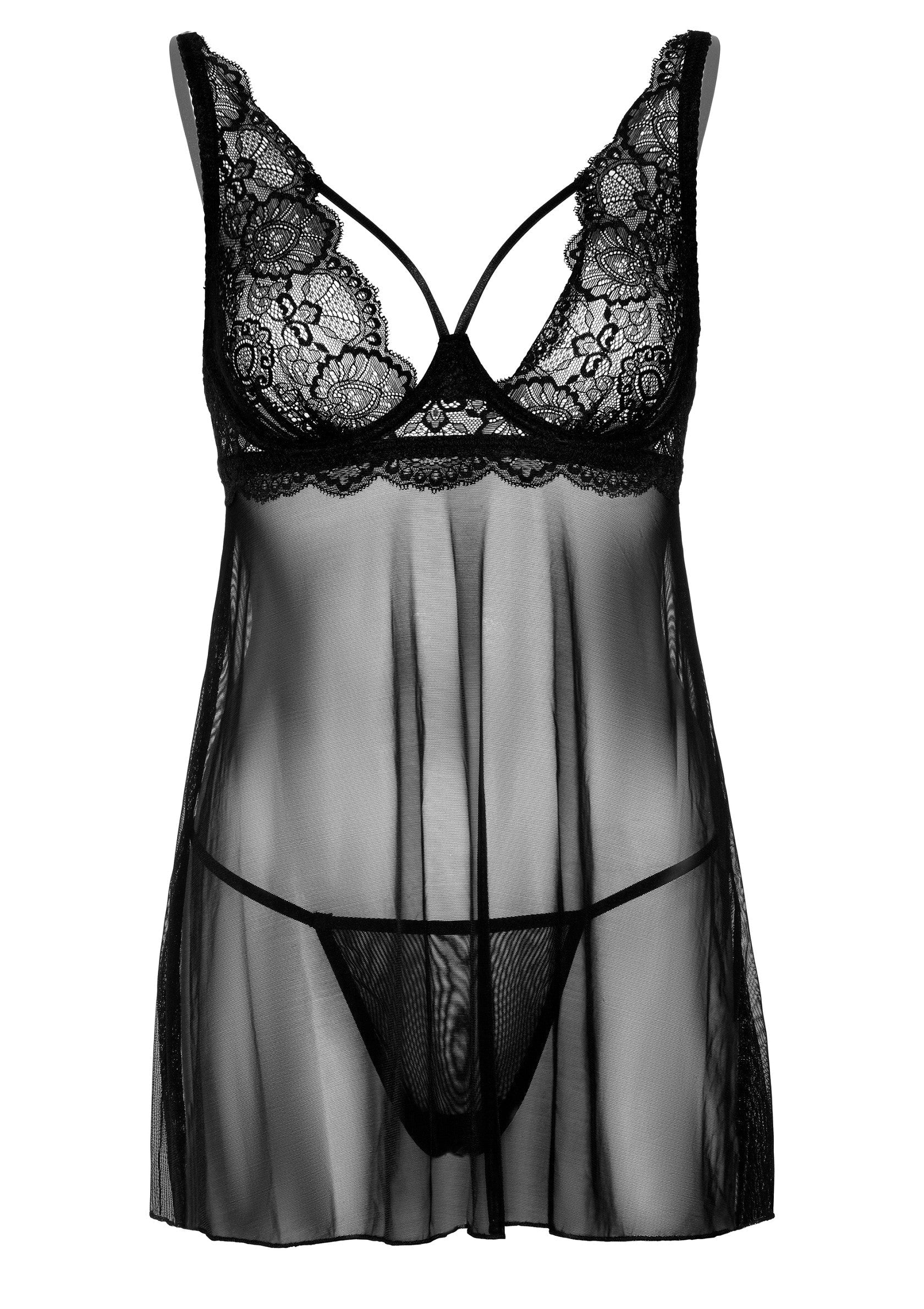 Nuisette noire en dentelle florale et tulle transparent avec string assorti.; Zwarte babydoll lingerie set met kanten details en doorzichtige tule.; Black babydoll lingerie set with lace details and sheer tulle.