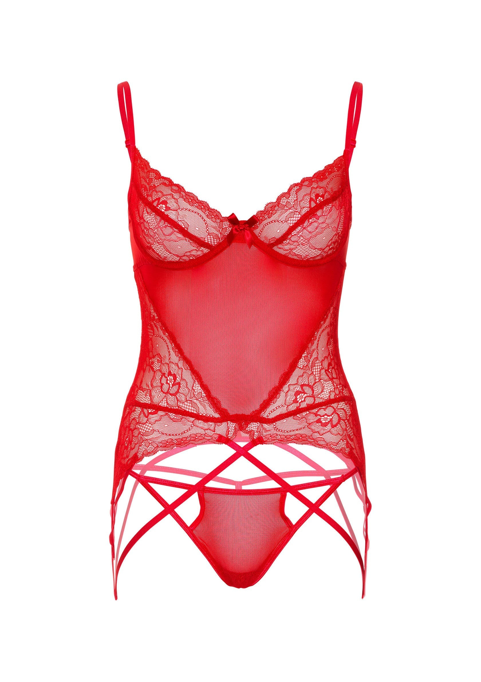 Nuisette rouge en dentelle avec jarretelles pour une nuit romantique.; Rode kanten babydoll met jarretels voor een romantische nacht.; Red lace babydoll with suspenders for a romantic night.