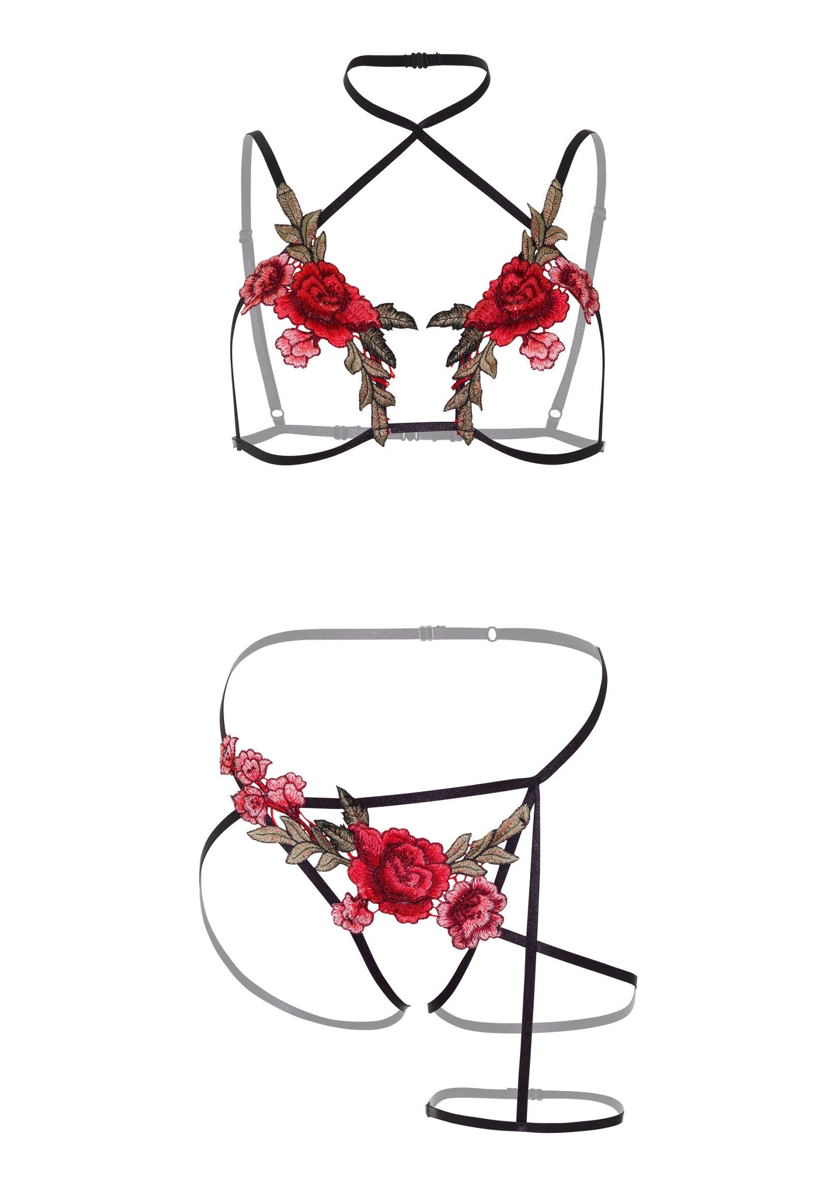 Ensemble de lingerie noire avec broderie florale rouge. Sexy et élégant.; Zwarte lingerie set met rode bloemenborduur. Sexy en stijlvol.; Black lingerie set with red floral embroidery. Sexy and stylish.
