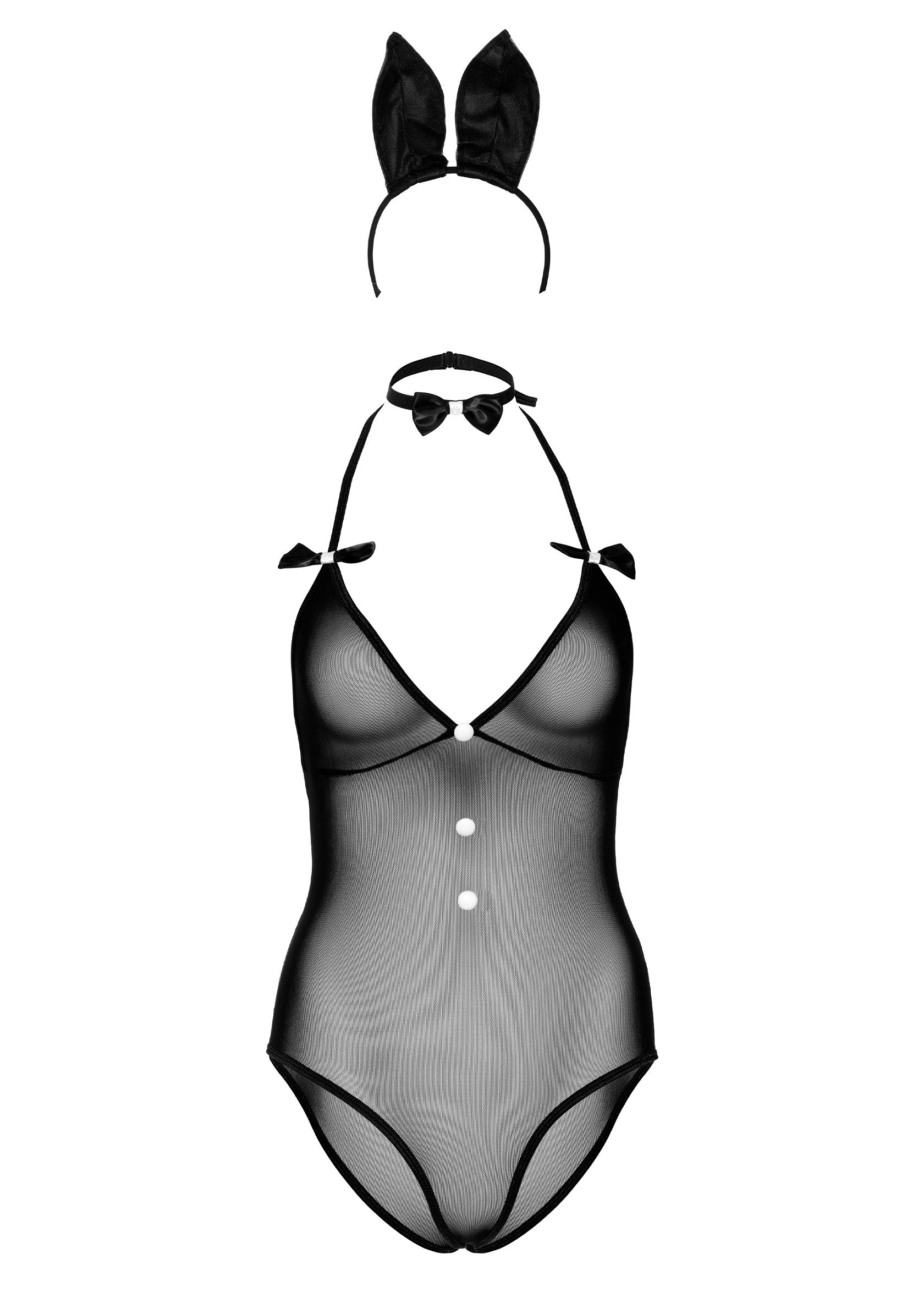 Ensemble lingerie lapin noir : body, oreilles et nœud papillon pour une séduction assurée.; Zwarte bunny lingerie set: bodysuit, oren en strikje voor een verleidelijke look.; Black bunny lingerie set: bodysuit, ears & bow tie for a seductive look.