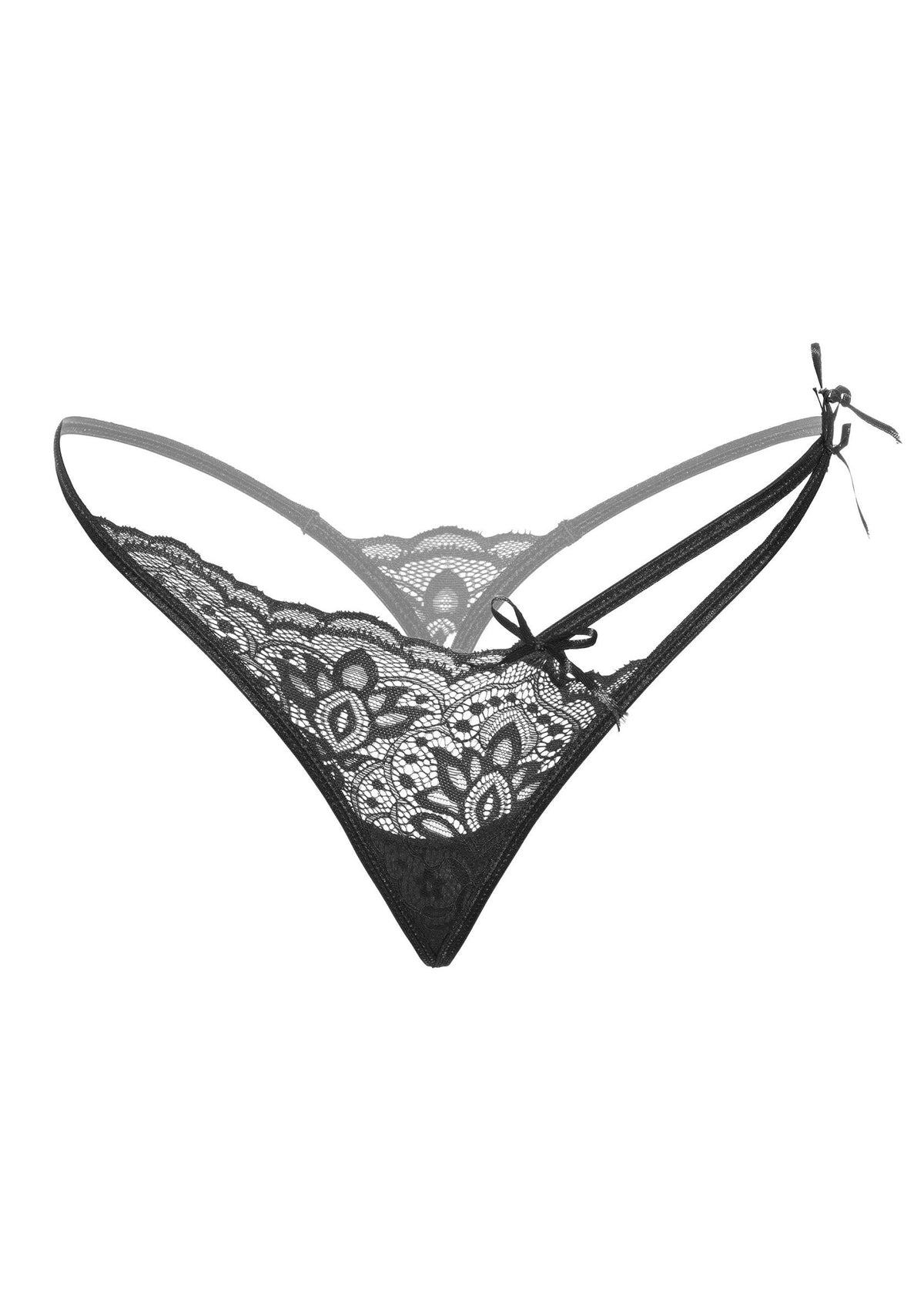 String noir en dentelle délicate, détails de nœuds. Lingerie charmante et confortable.; Zwarte string van delicaat kant, strikdetails. Charmant en comfortabel ondergoed.; Black string in delicate lace, bow details. Charming and comfortable lingerie.