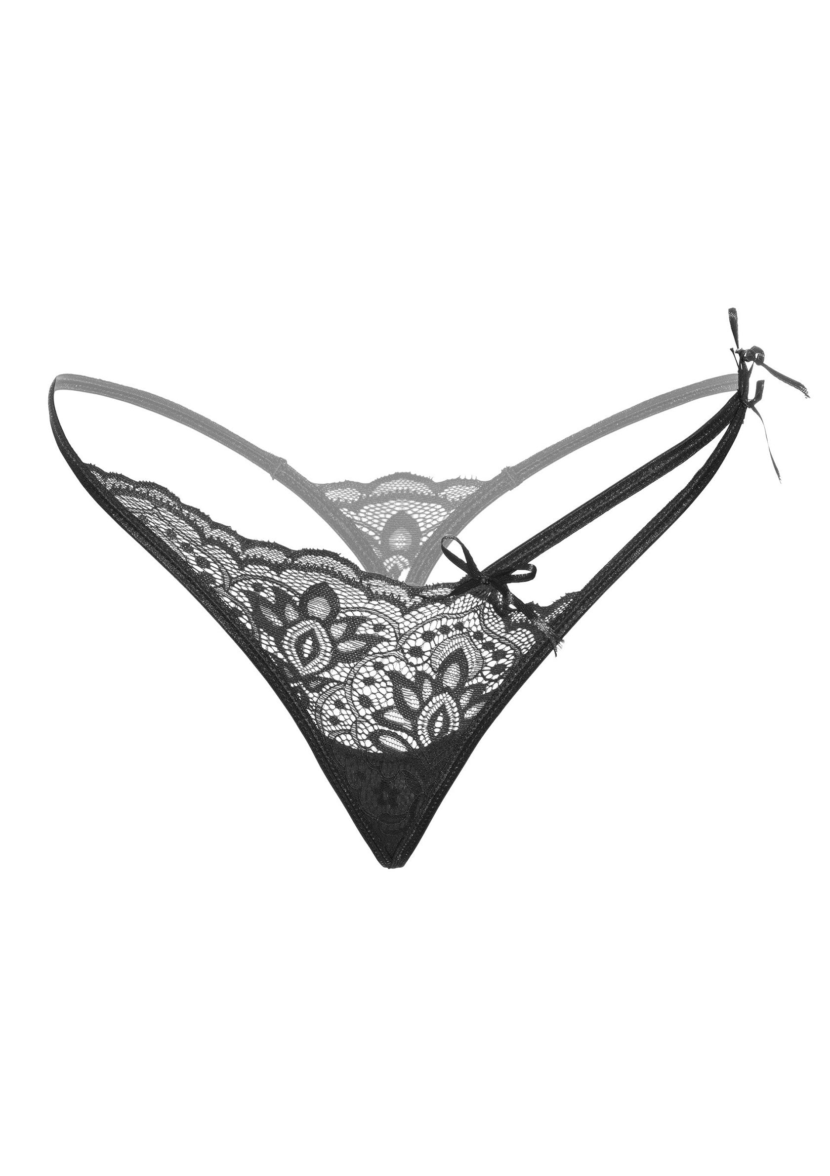 String noir en dentelle délicate, détails de nœuds. Lingerie charmante et confortable.; Zwarte string van delicaat kant, strikdetails. Charmant en comfortabel ondergoed.; Black string in delicate lace, bow details. Charming and comfortable lingerie.