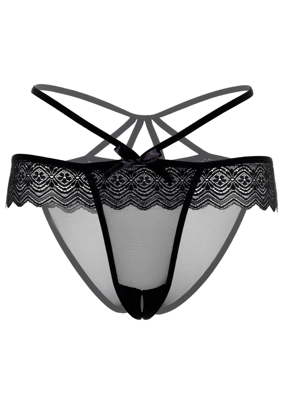 Culotte noire en dentelle et tulle avec bretelles croisées, idéale pour une nuit coquine.; Zwarte kanten en tule slip met gekruiste bandjes, perfect voor een ondeugende nacht.; Black lace and tulle panty with crossover straps, perfect for a naughty night.