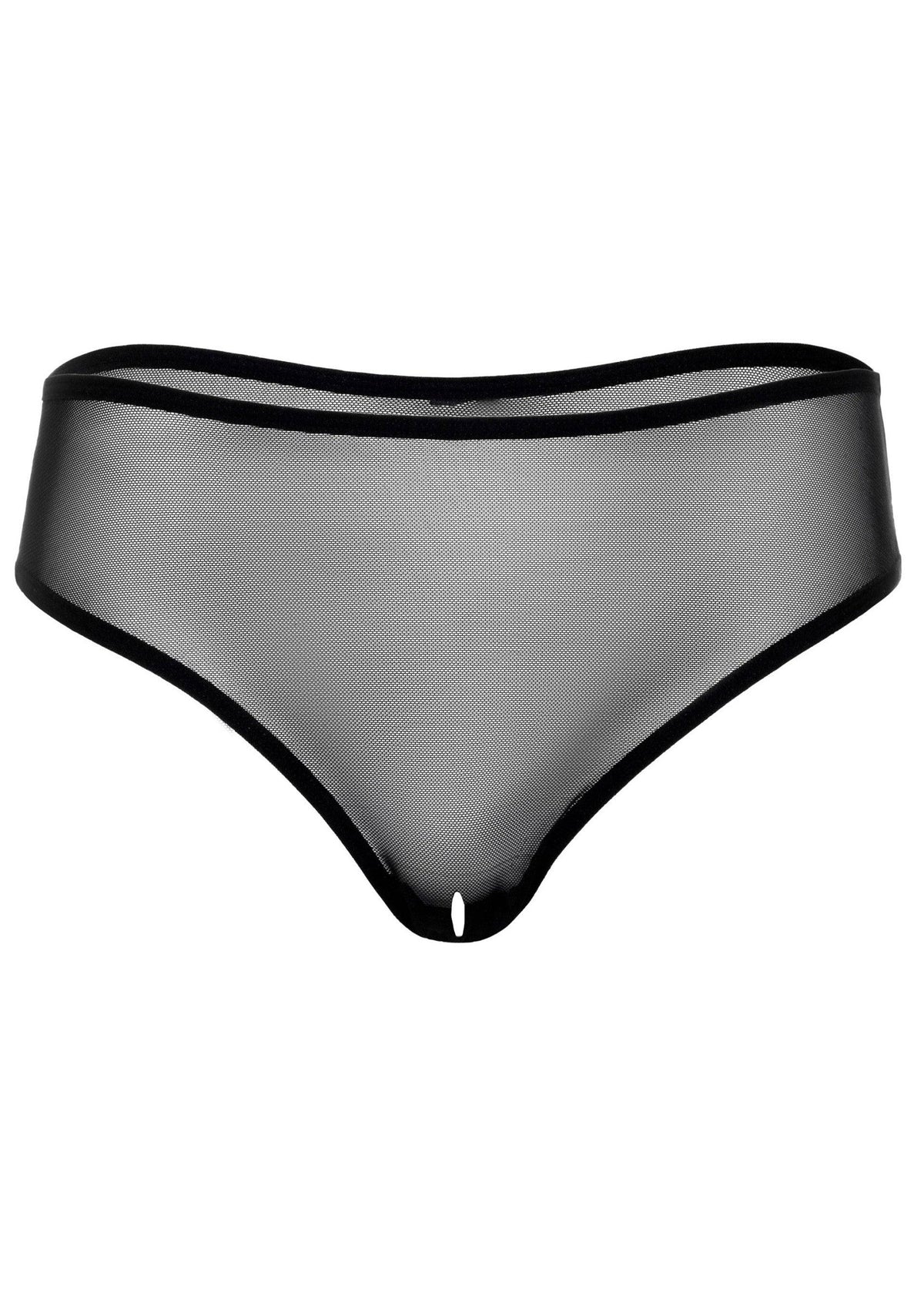 Culotte noire en maille transparente avec ouverture pour plus d'intimité.; Zwarte, transparante mesh string met opening voor intimiteit.; Black sheer mesh brief with peek-a-boo opening for intimacy.