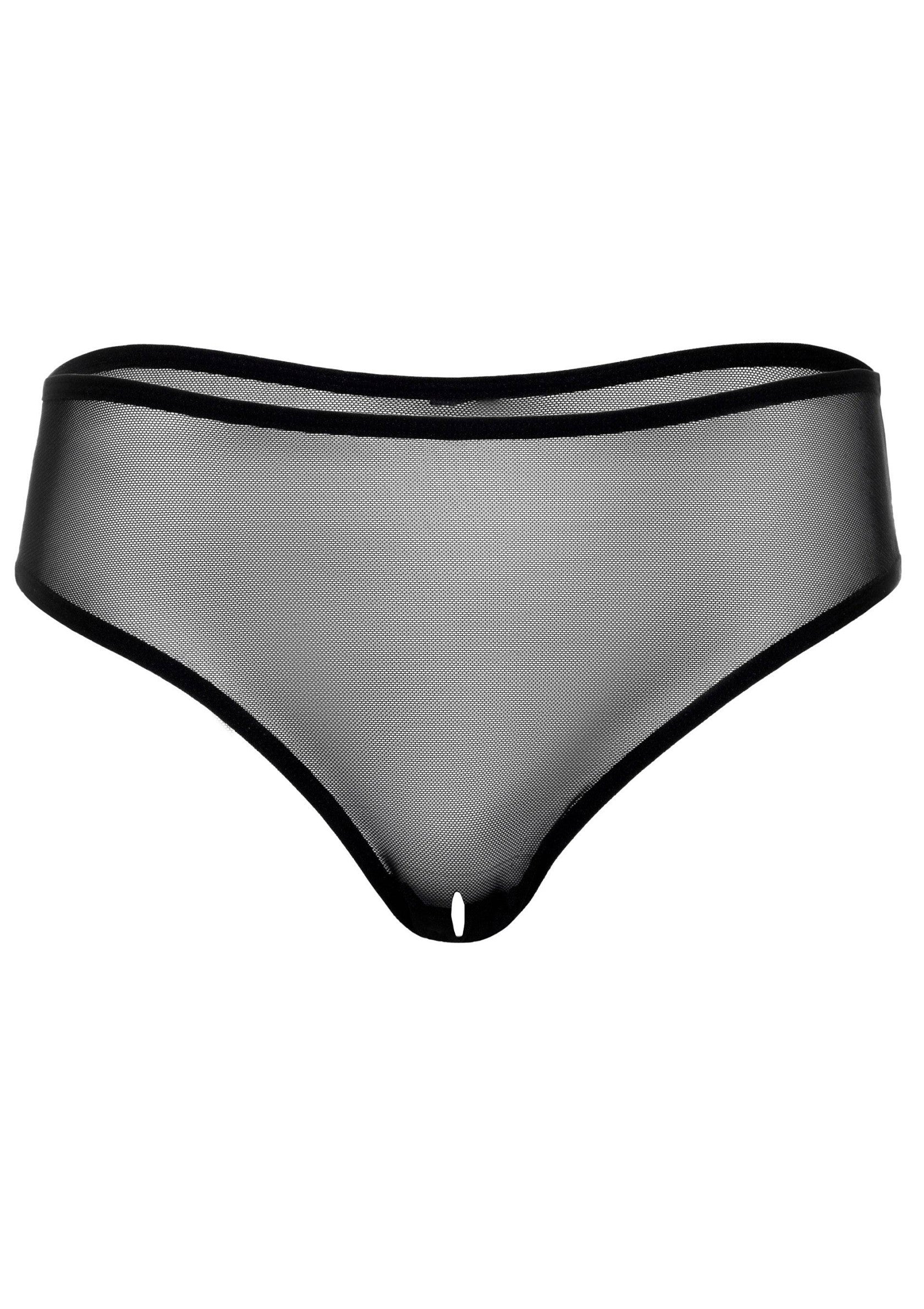 Culotte noire en maille transparente avec ouverture pour plus d'intimité.; Zwarte, transparante mesh string met opening voor intimiteit.; Black sheer mesh brief with peek-a-boo opening for intimacy.