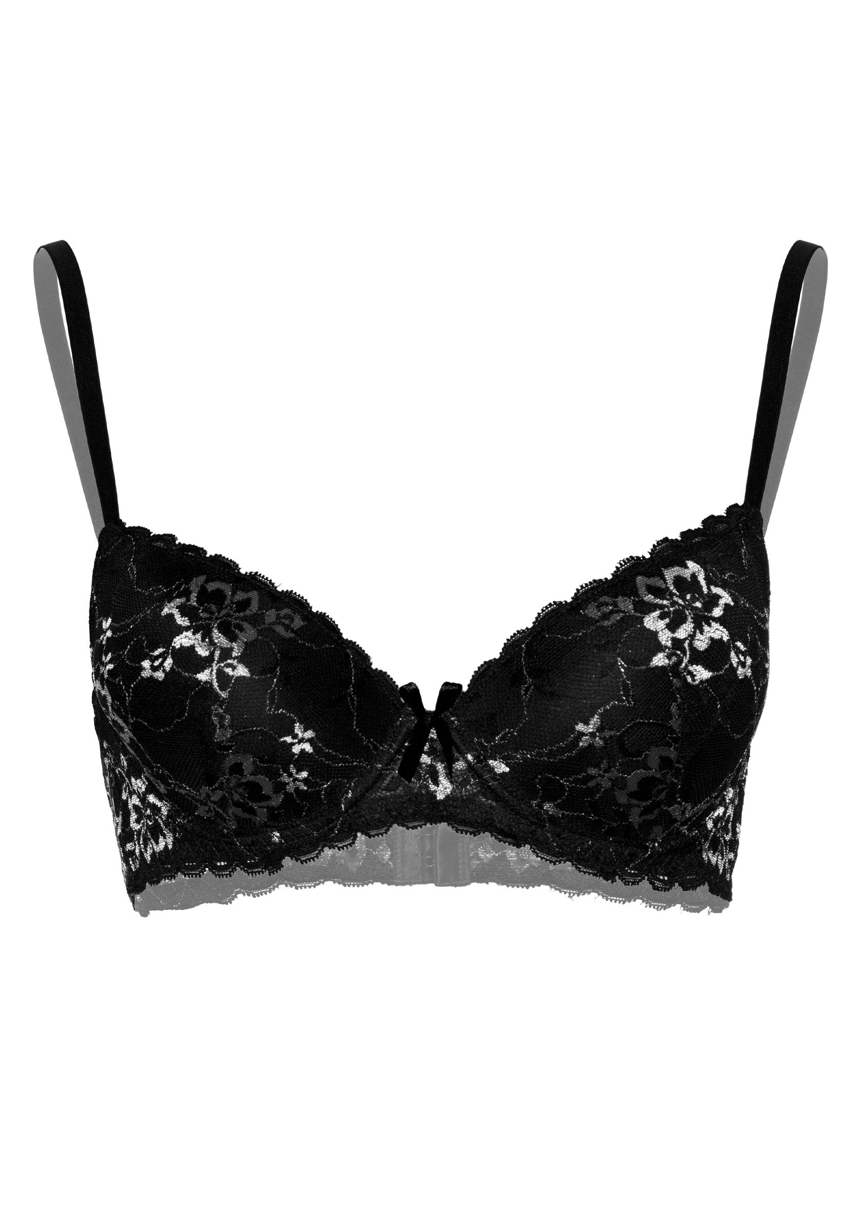 Soutien-gorge noir en dentelle florale. Lingerie féminine élégante et confortable.; Zwarte beha met bloemenkant. Elegante en comfortabele dameslingerie.; Black bra with floral lace. Elegant and comfortable women's lingerie.