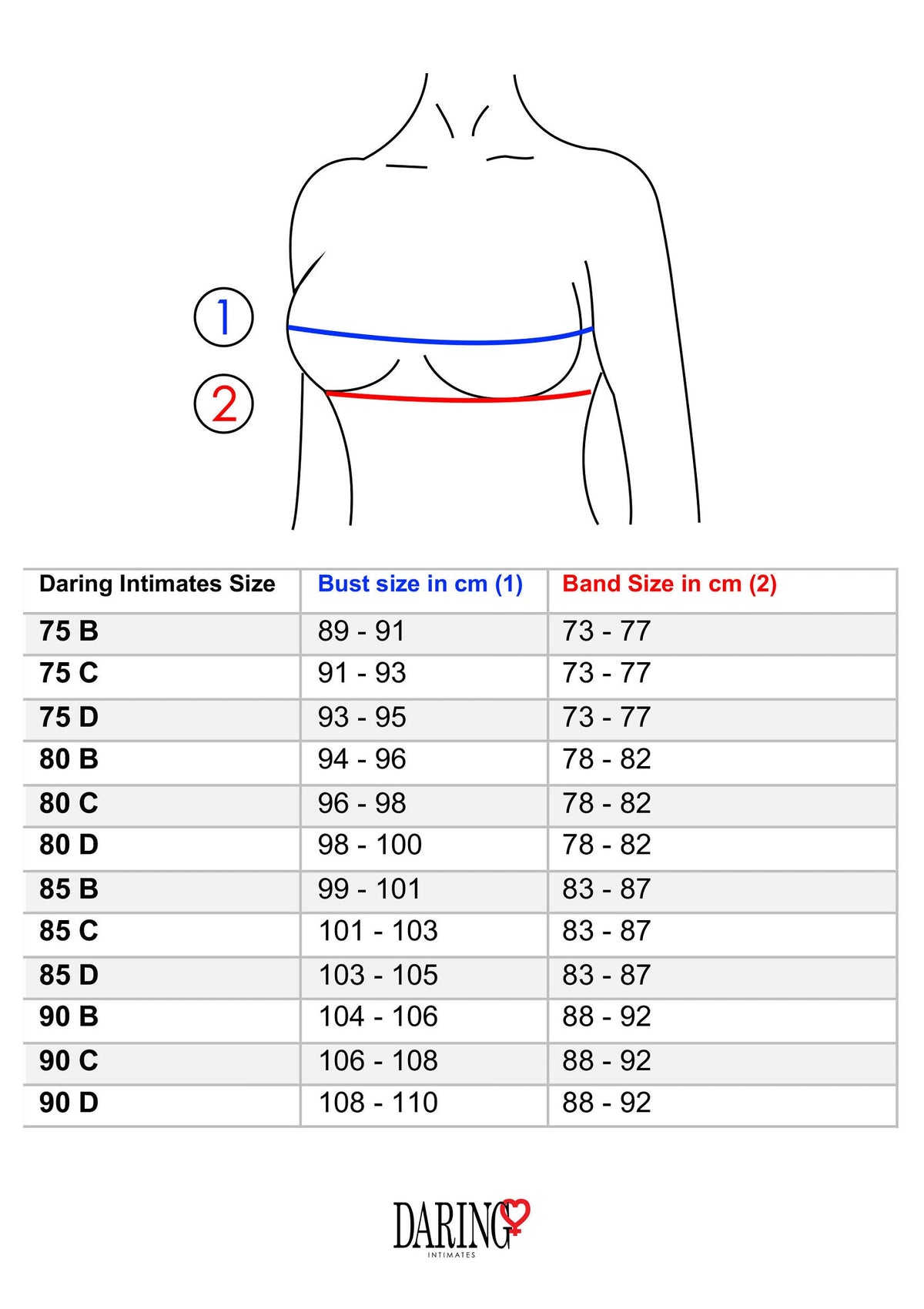 Guide des tailles de soutien-gorge Daring Intimates. Trouvez votre taille parfaite en cm pour un confort optimal.; Daring Intimates bh-maattabel. Vind uw perfecte maat in cm voor optimaal comfort en ondersteuning.; Daring Intimates bra size chart. Find your perfect size in cm for ultimate comfort and support.