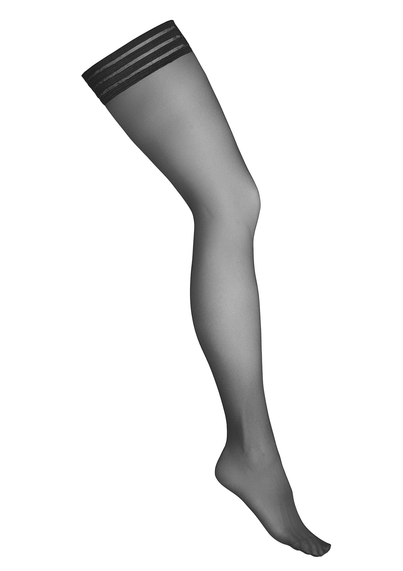 Bas autofixants noirs transparents avec bandes de silicone pour un maintien parfait et un look élégant.; Zwarte, transparante kousenbandloze kousen met siliconen banden voor een perfecte pasvorm en een elegante look.; Black sheer thigh-high stockings with silicone bands for a perfect fit and an elegant look.