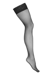 Bas autofixants résille noirs avec bordure en dentelle pour un look sexy et élégant.; Zwarte fishnet kousen met kanten rand voor een sexy en elegante look.; Black fishnet hold-up stockings with lace top for a sexy and elegant look.