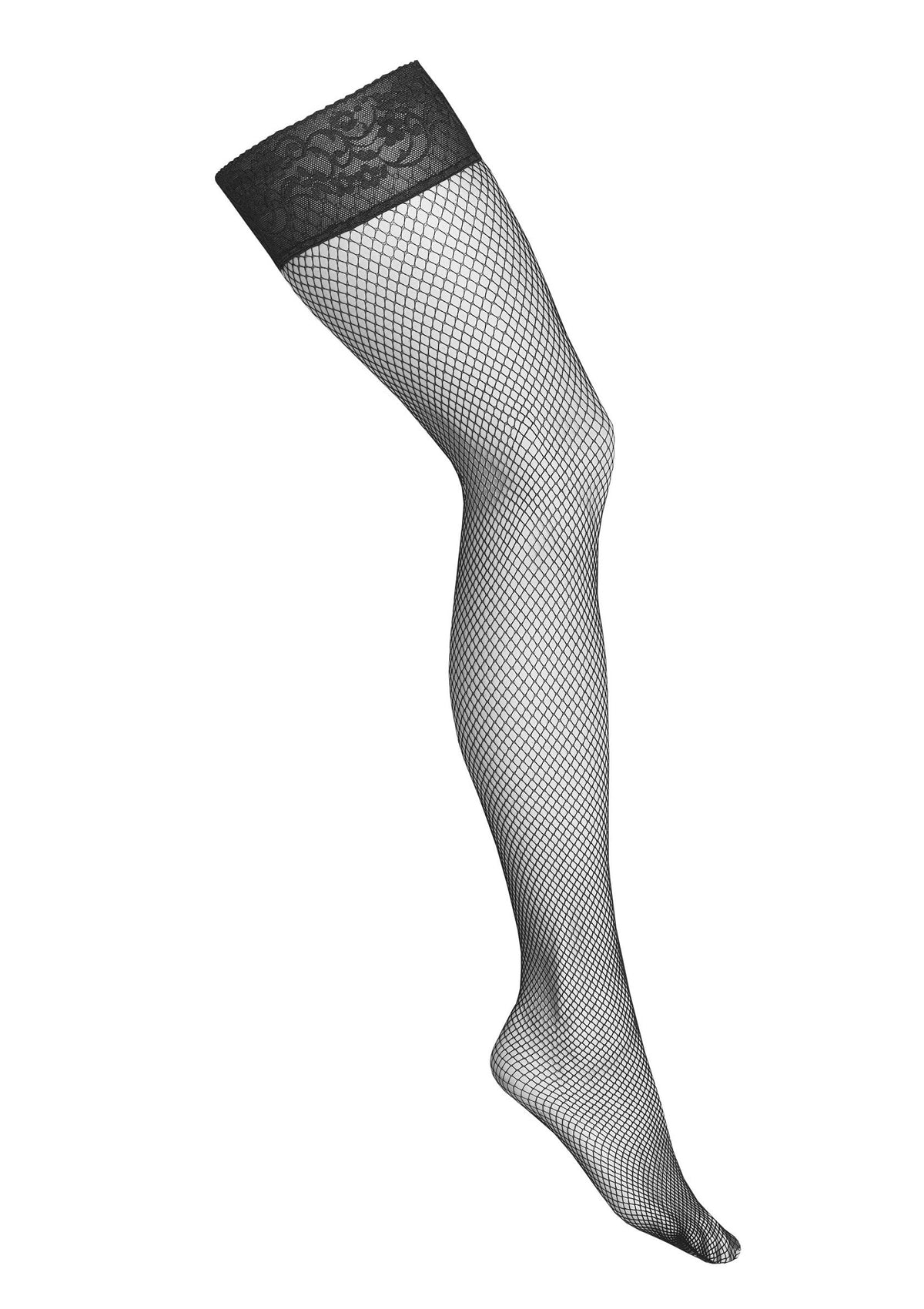 Bas résille noir avec bordure en dentelle. Accessoire de mode séduisant et tendance.; Zwarte visnetkous met kanten rand. Een verleidelijk en trendy modeaccessoire.; Black fishnet stocking with lace trim. A seductive and trendy fashion accessory.