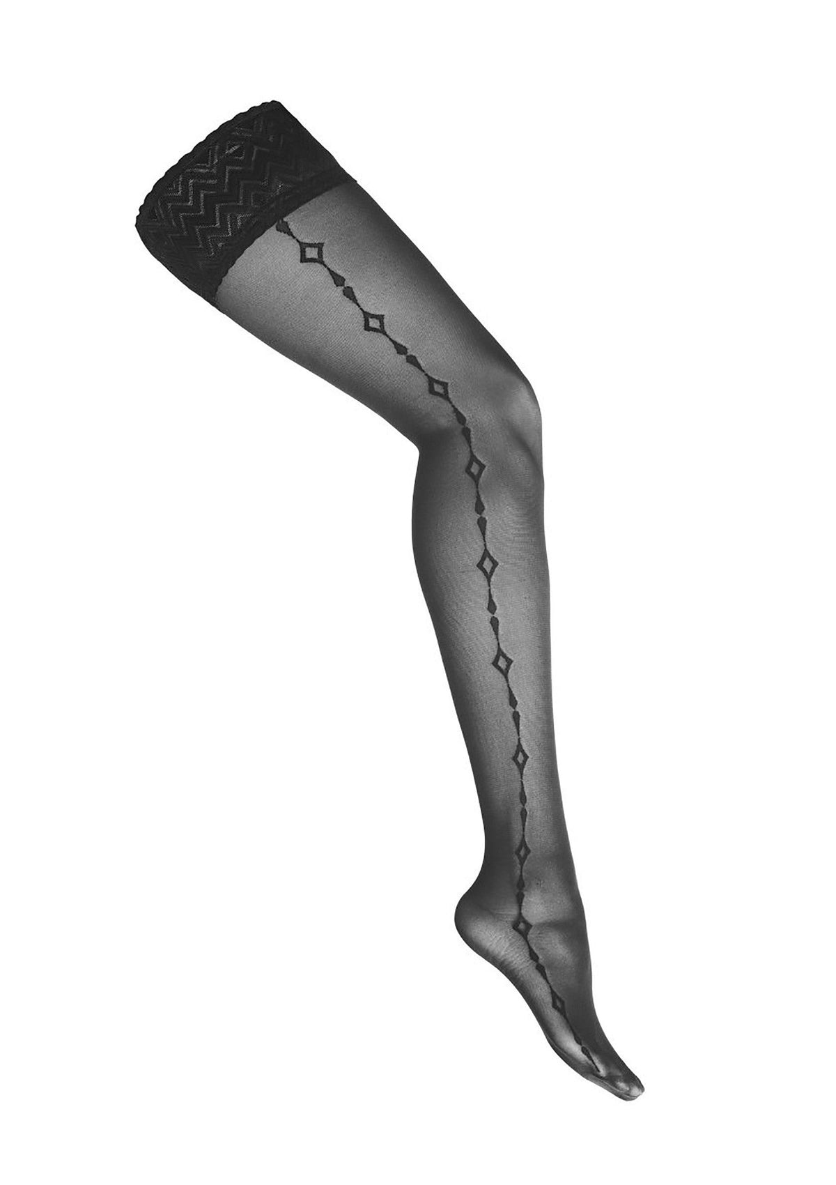 Bas autofixants noirs avec motif losange pour une touche élégante et sophistiquée.; Zwarte kousenbanden met ruitpatroon voor een elegante en verfijnde toets.; Black stay-up stockings with diamond pattern for an elegant and sophisticated touch.