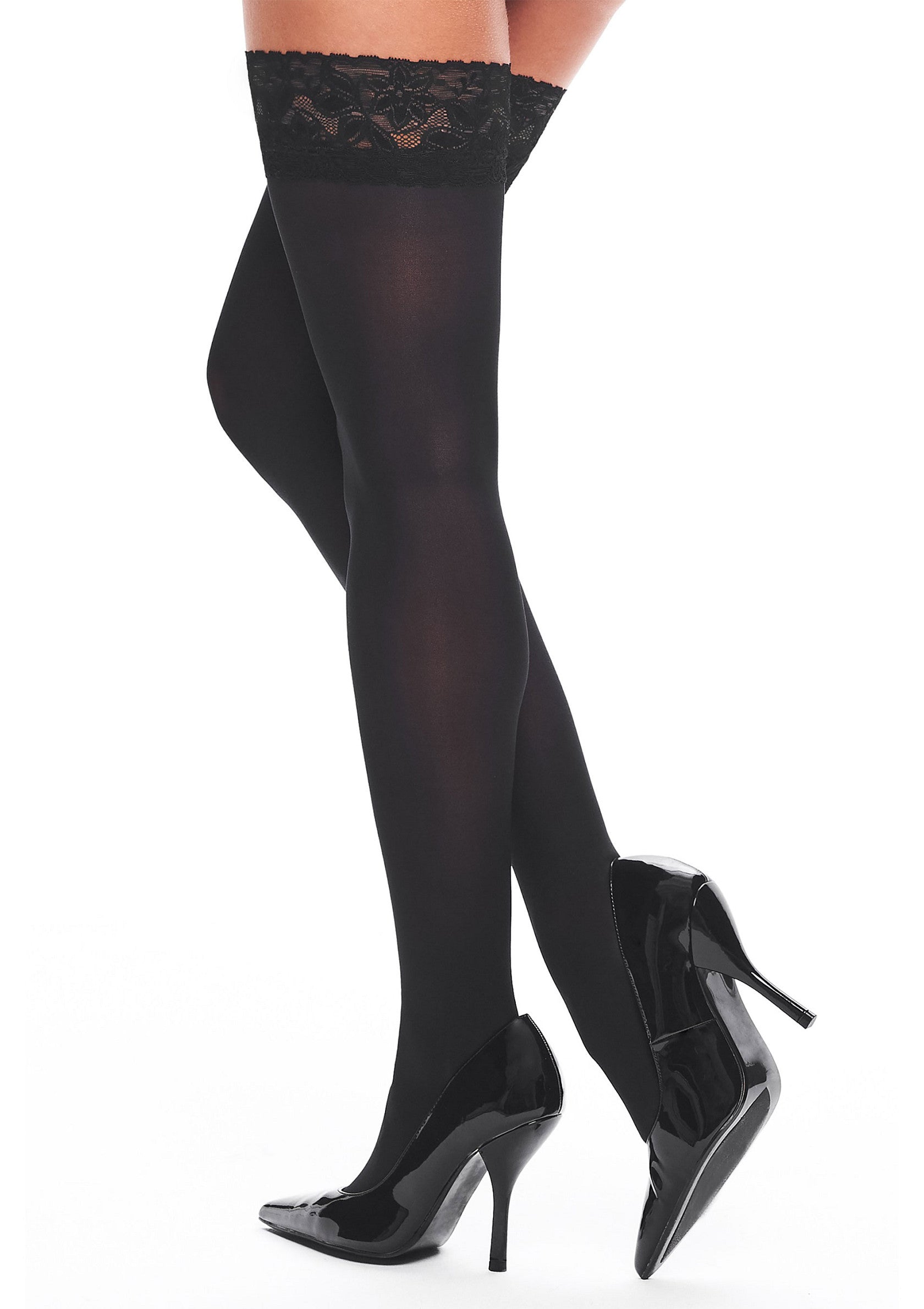 Bas noirs montants avec dentelle et talons aiguilles vernis. Sexy et élégant pour toutes les occasions. ; Zwarte stay-up kousen met kant en lakleren naaldhakken. Sexy en elegant voor elke gelegenheid.; Black thigh high stockings with lace and patent stiletto heels. Sexy and elegant for any occasion.