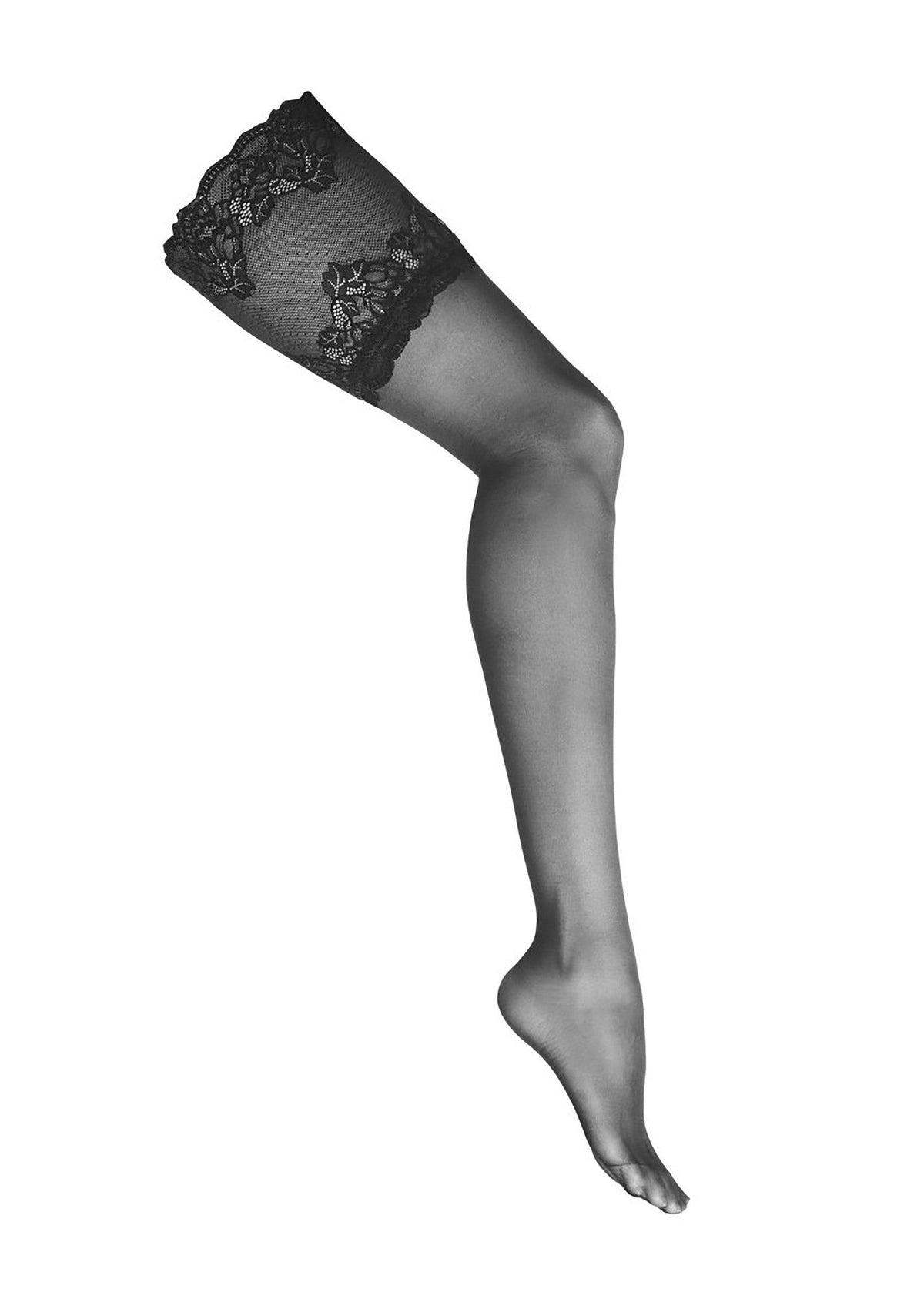 Bas autofixants noirs avec dentelle délicate. Élégance et confort assurés.; Zwarte kousenbanden met delicaat kant. Gegarandeerde elegantie en comfort.; Black hold-up stockings with delicate lace. Guaranteed elegance and comfort.