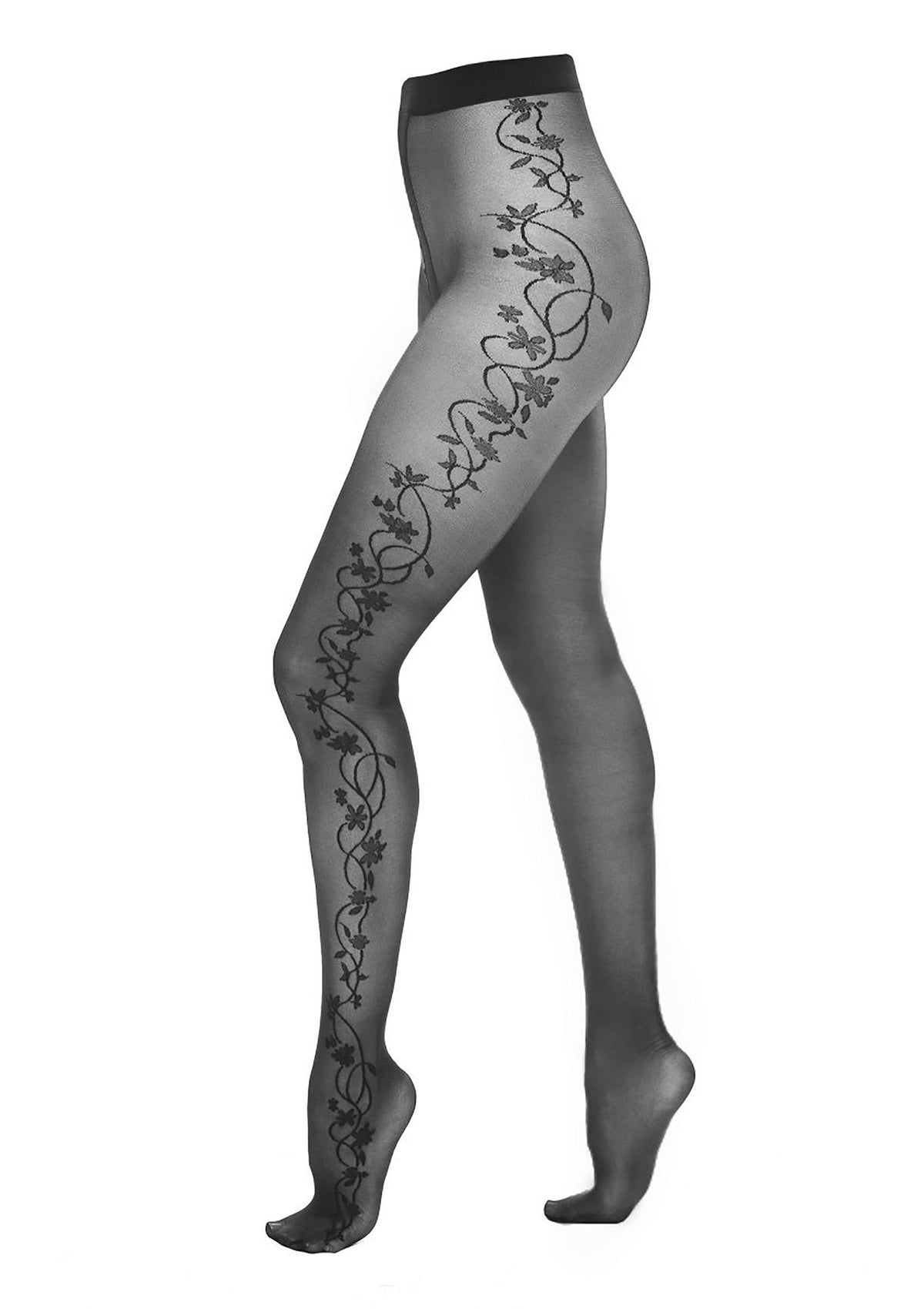Collants noirs semi-transparents avec motif floral ornemental sur une jambe.; Semi-transparante zwarte panty met sierlijk bloemmotief op één been.; Semi-sheer black tights with decorative floral design on one leg.
