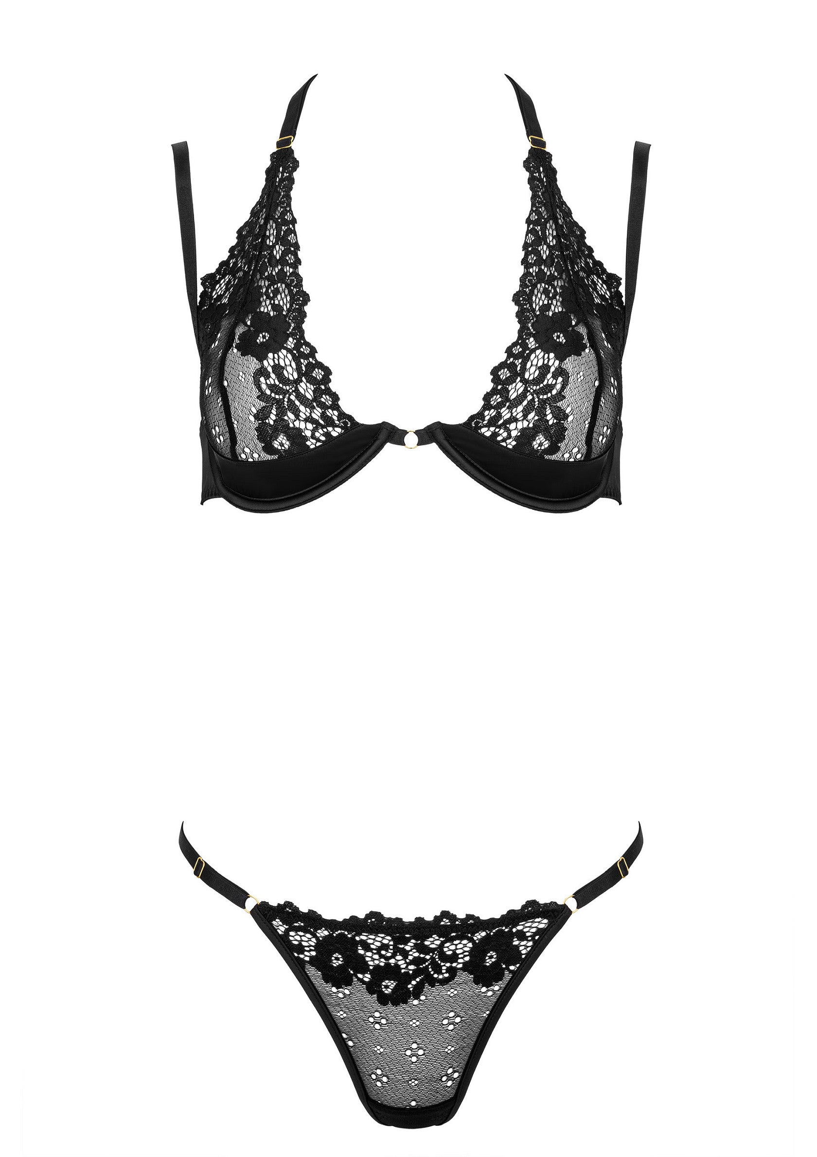 Ensemble de lingerie noir en dentelle délicate et séduisante.; Elegante zwarte lingerie set met delicaat kant, verleidelijk!; Elegant black lingerie set featuring delicate lace, seductive!