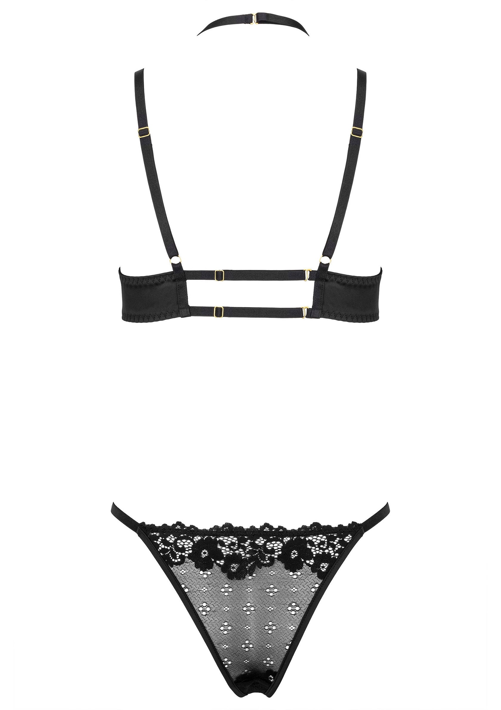 Ensemble de lingerie noir avec dentelle florale, comprenant un soutien-gorge et un string assorti.; Zwarte lingerie set met bloemenkant, bestaande uit een beha en bijpassende string.; Black lingerie set with floral lace, including a bra and matching thong.