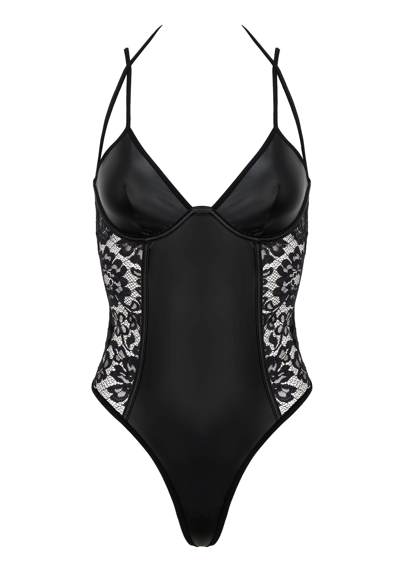 Body noir en similicuir et dentelle florale. Bretelles fines croisées. Lingerie sensuelle et élégante.; Zwarte body van imitatieleer en bloemenkant. Dunne gekruiste bandjes. Sensuele en elegante lingerie.; Black faux leather and floral lace bodysuit. Thin crossed straps. Sensual and elegant lingerie.