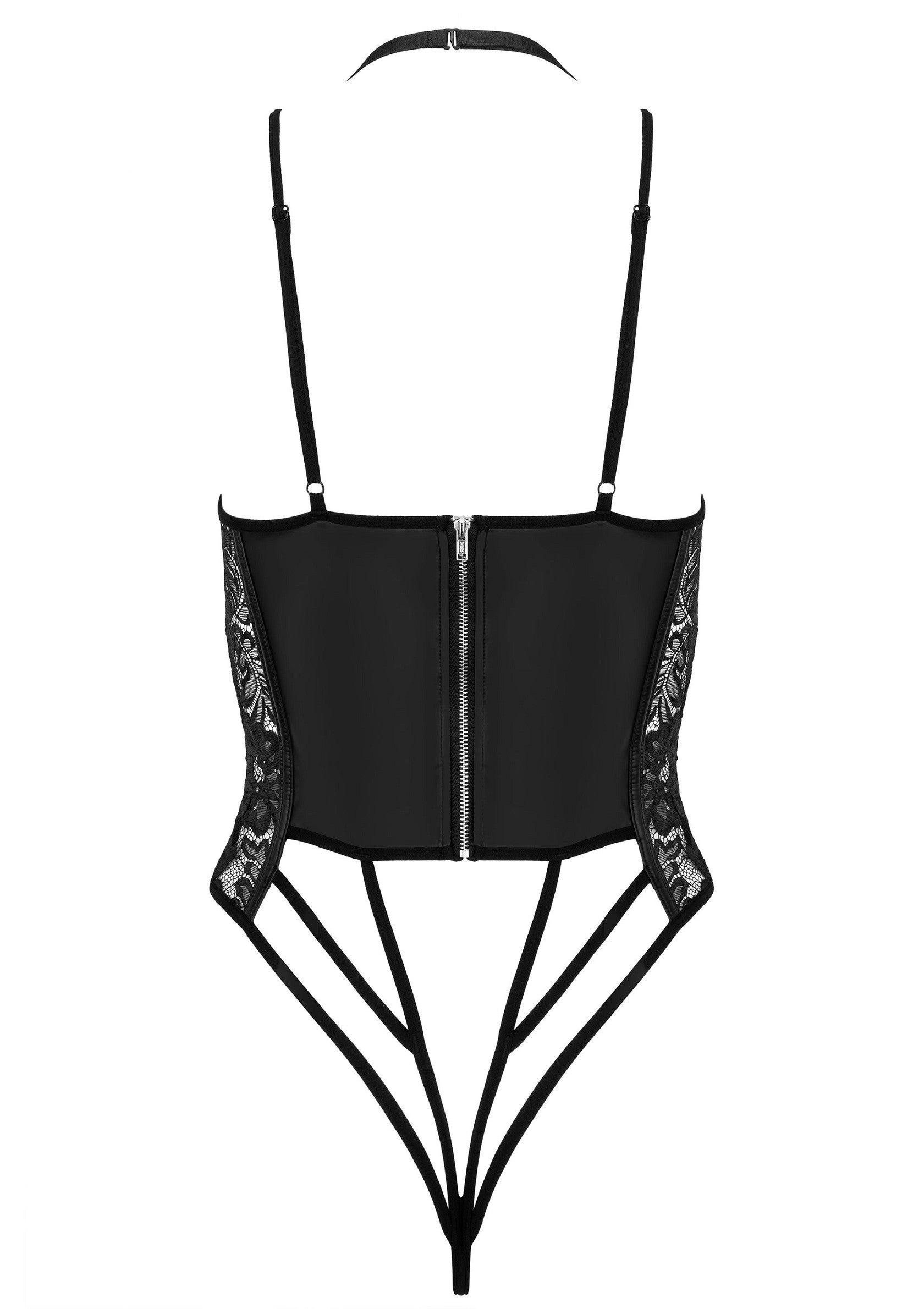 Body noir en dentelle avec dos zippé et bretelles fines. Lingerie élégante et séduisante.; Zwart kanten lijfje met ritssluiting achter en dunne bandjes. Elegante en verleidelijke lingerie.; Black lace bodysuit with a zip-up back and thin straps. Elegant and seductive lingerie.