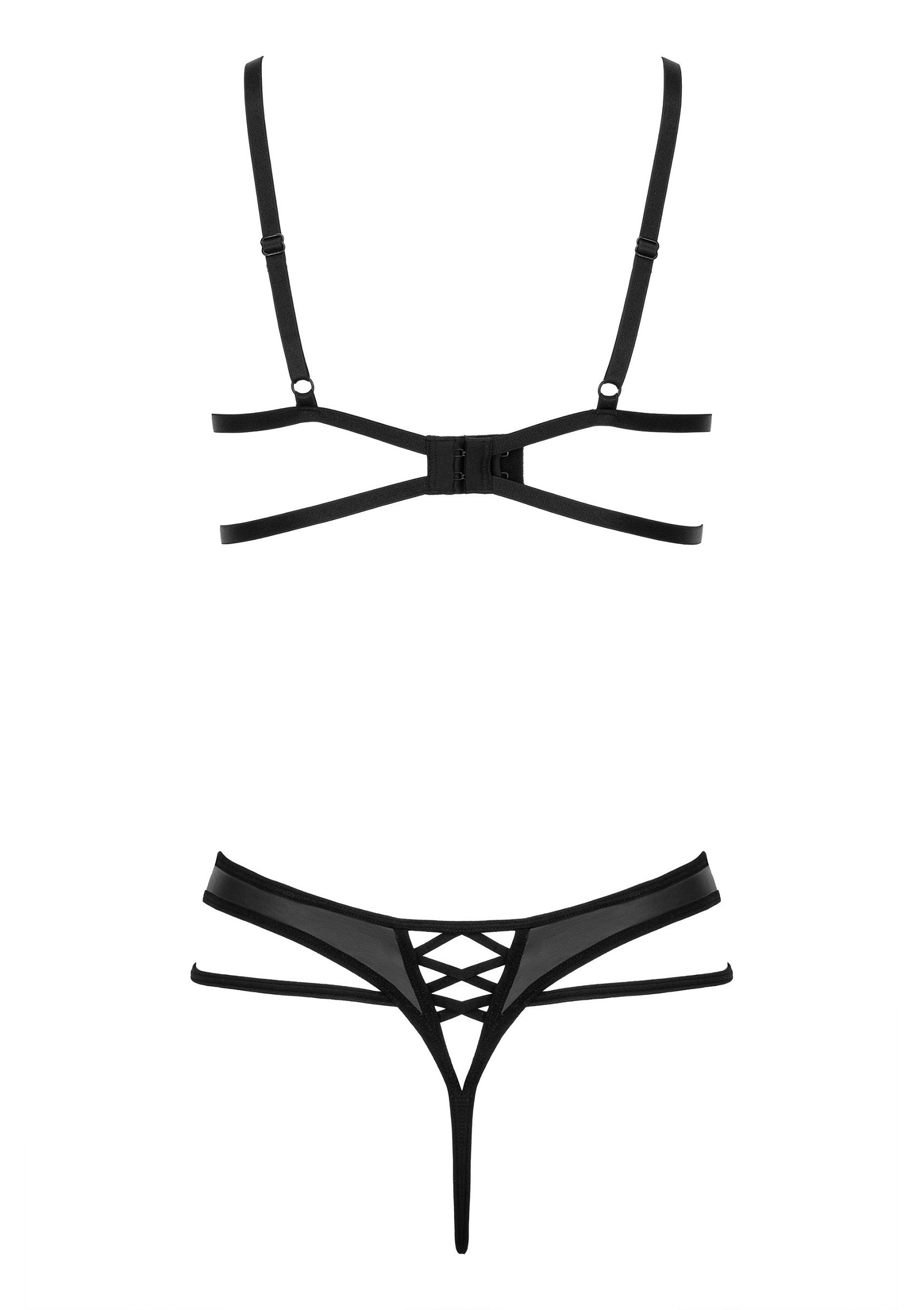 Ensemble de lingerie noir avec soutien-gorge à bretelles et string à lacets.; Zwarte lingerie set met beha met bandjes en string met veters.; Black lingerie set with strappy bra and lace-up thong.