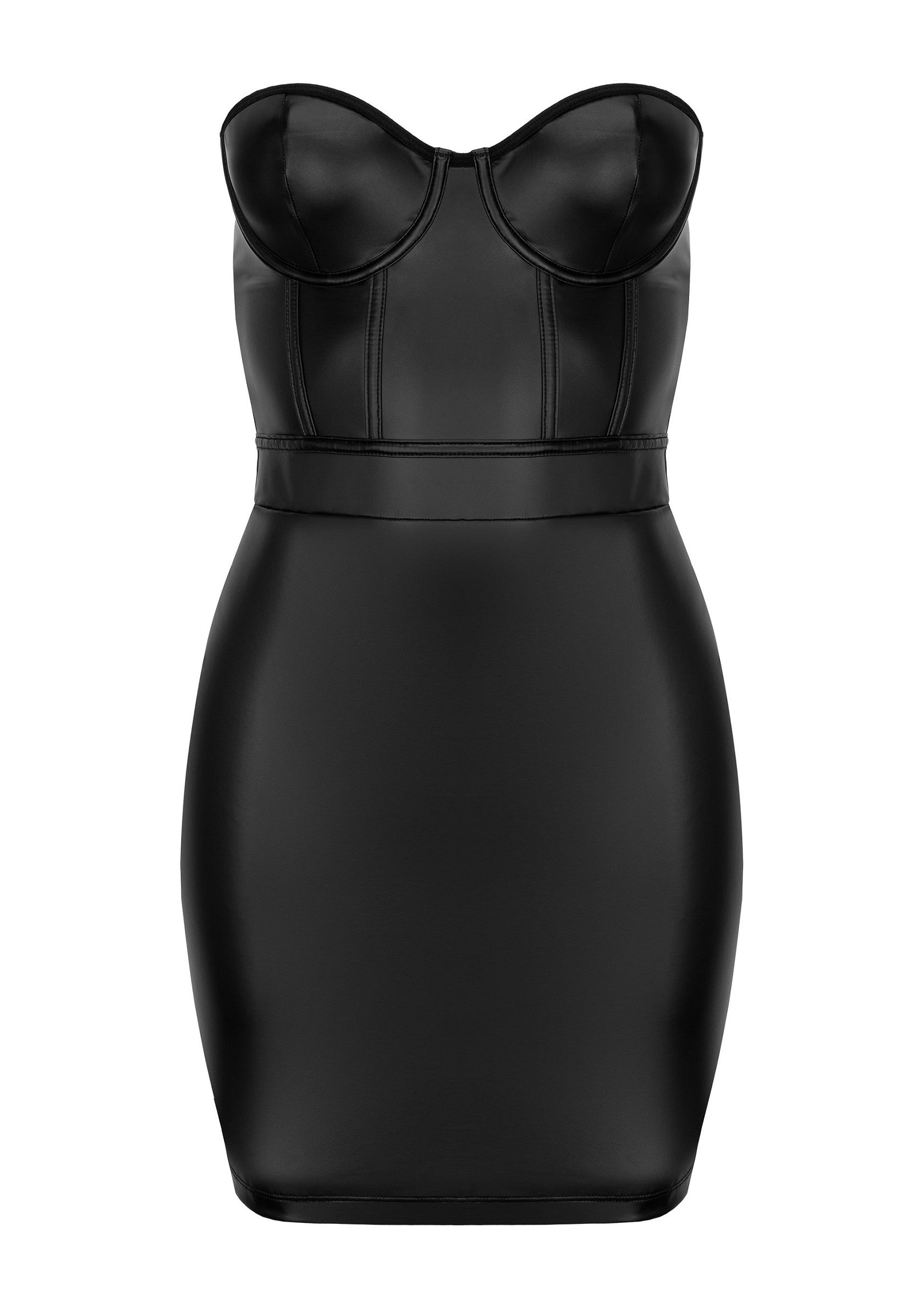 Mini-robe noire moulante sans bretelles. Look cuir. Parfait pour sortir en soirée et faire la fête.; Zwarte, strakke mini-jurk zonder bandjes. Leren look. Perfect voor een avondje uit en feesten.; Black, bodycon, strapless mini dress. Leather look. Perfect for a night out on the town and clubbing.